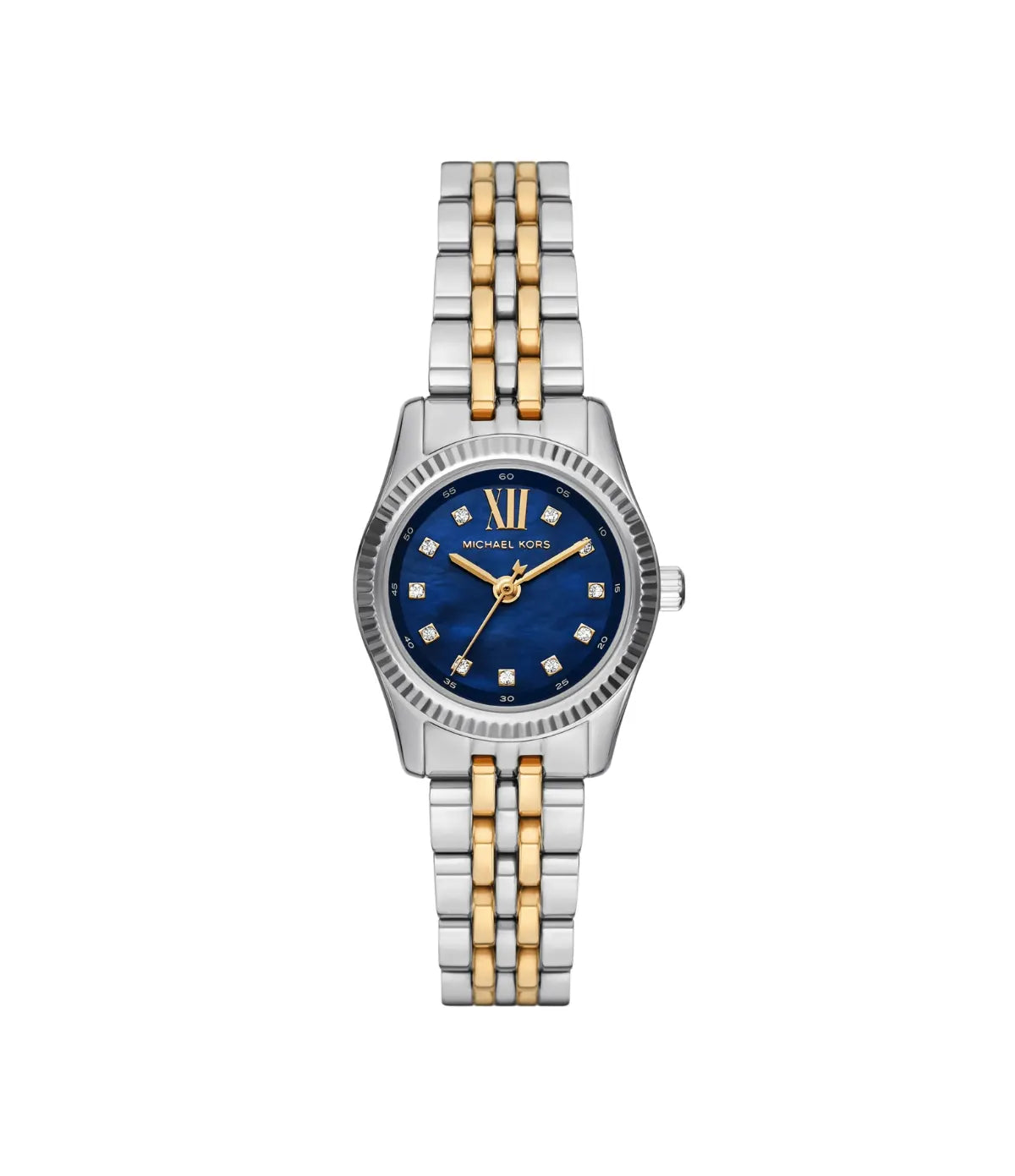 Mini Lexington Pavé 33mm Two-Tone Watch MK4865 front view - women's Michael Kors watch with blue dial and silver and rose gold finish, available in Sri Lanka at Time Vault