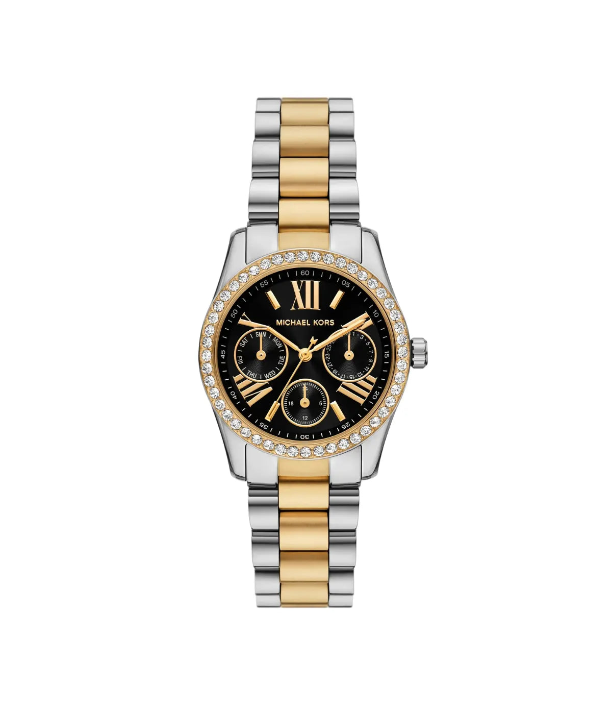 Mini Lexington Pavé 33mm Two-Tone Watch MK4925 front view - women's Michael Kors watch with blue dial and silver and gold finish, available in Sri Lanka at Time Vault