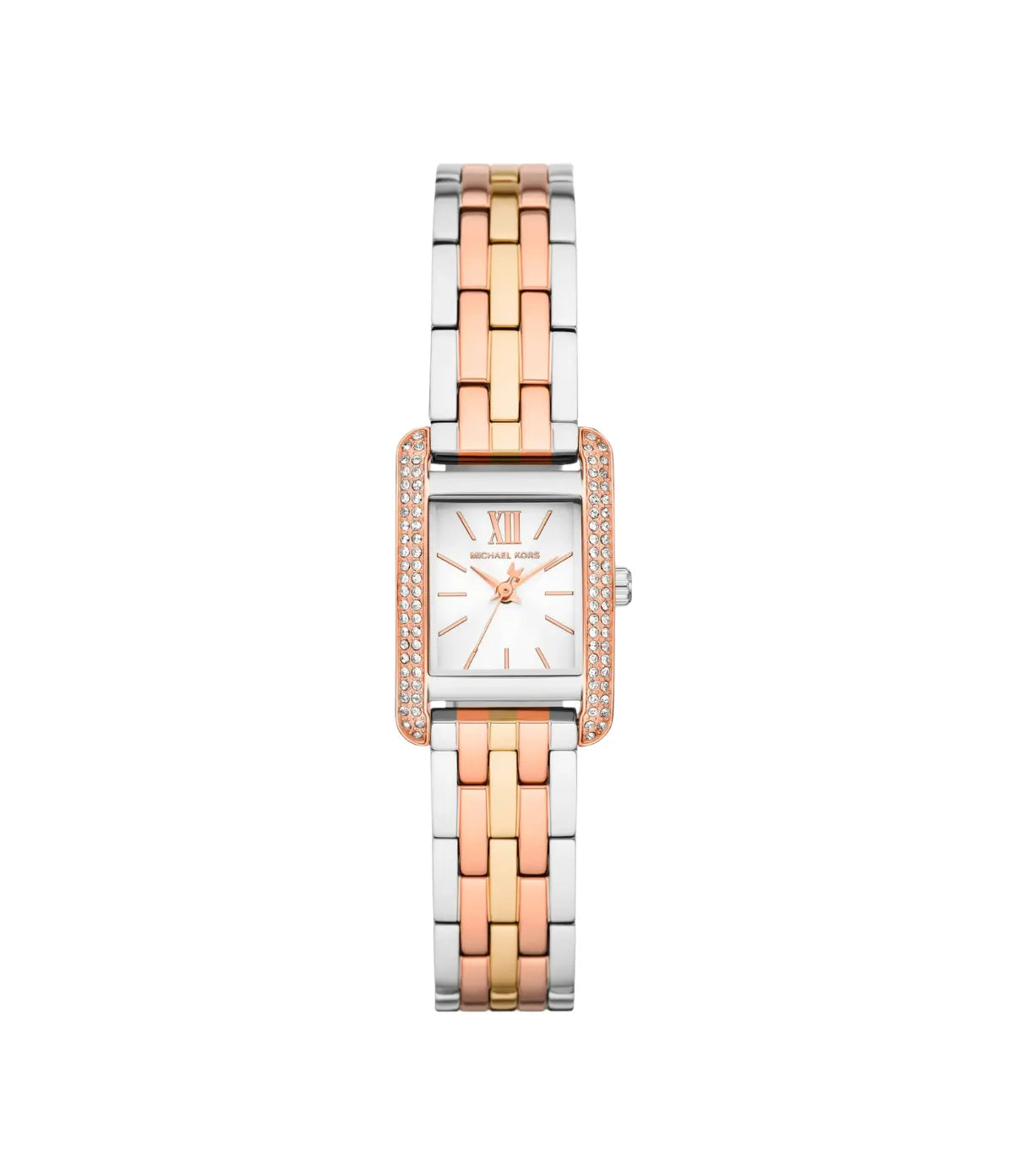 Mini Monroe Pavé 20mm Tri-Tone Watch MK01146 front view - women's Michael Kors watch with silver dial and silver, gold and rose gold finish, available in Sri Lanka at Time Vault