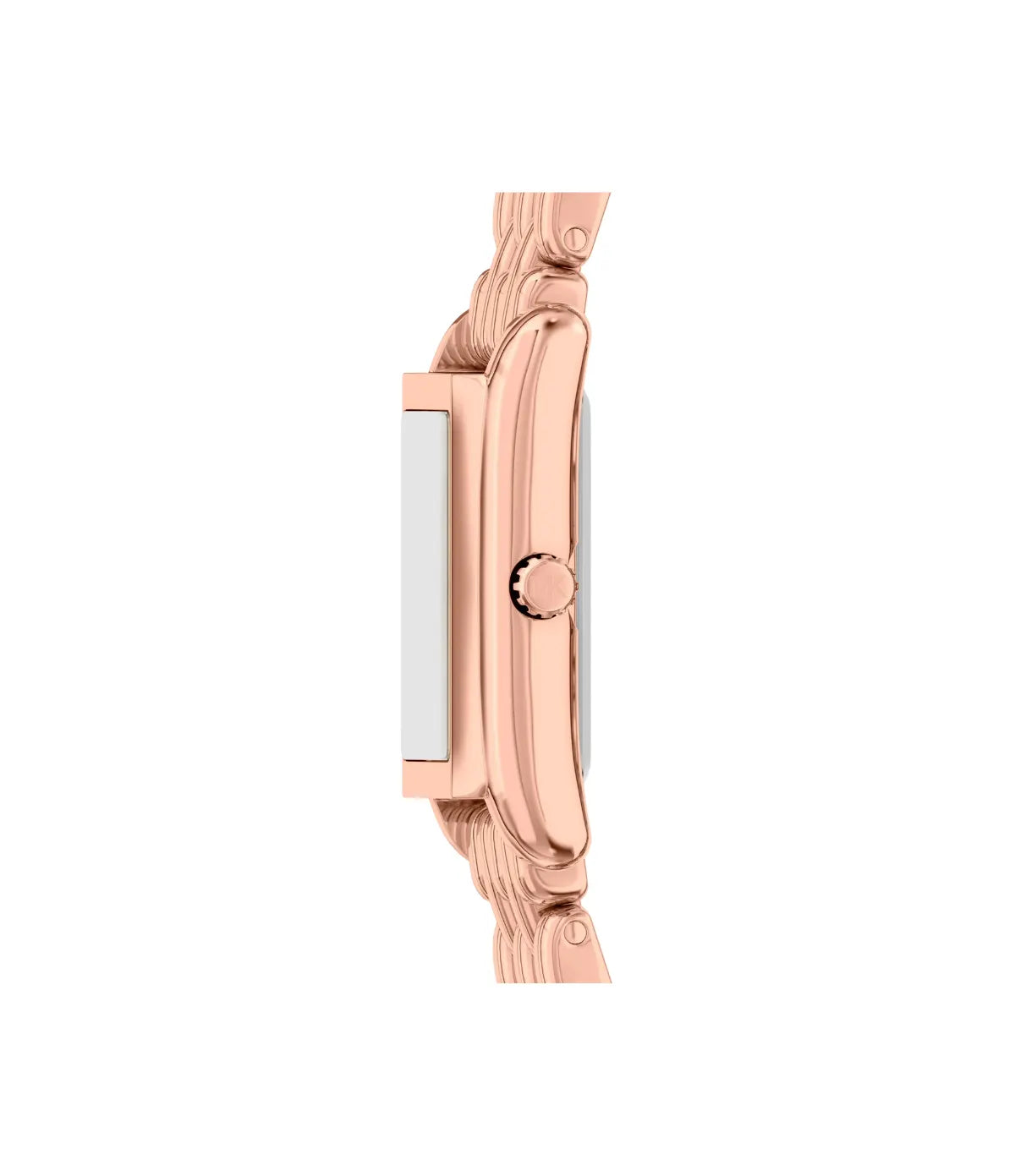 Side profile of the Michael Kors Essex MK4998 showing the stainless steel case, crown and rose gold bracelet or strap