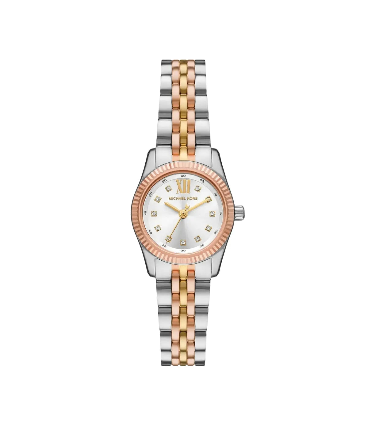 Petite Lexington 26mm Tri-Tone Watch MK4987 front view - women's Michael Kors watch with silver dial and silver, gold and rose gold finish, available in Sri Lanka at Time Vault