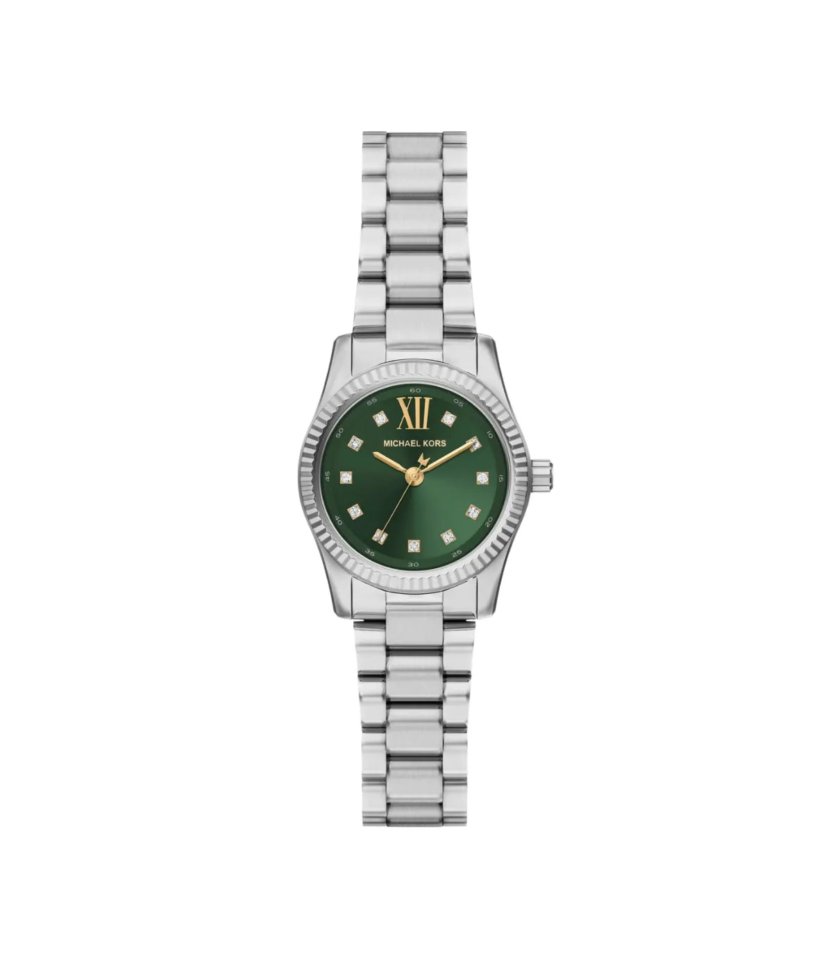 Petite Lexington Pavé 26mm Silver-Tone Watch MK7580 front view - women's Michael Kors watch with green dial and silver finish, available in Sri Lanka at Time Vault