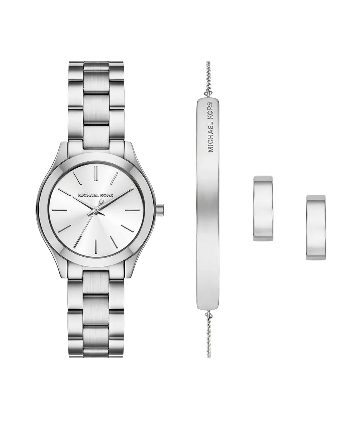 Michael Kors Slim Runway 32mm Silver-Tone Watch, Bracelet and Earrings Gift Set MK7563SET front view - women's silver stainless steel gift set with silver dial, available in Sri Lanka at Time Vault
