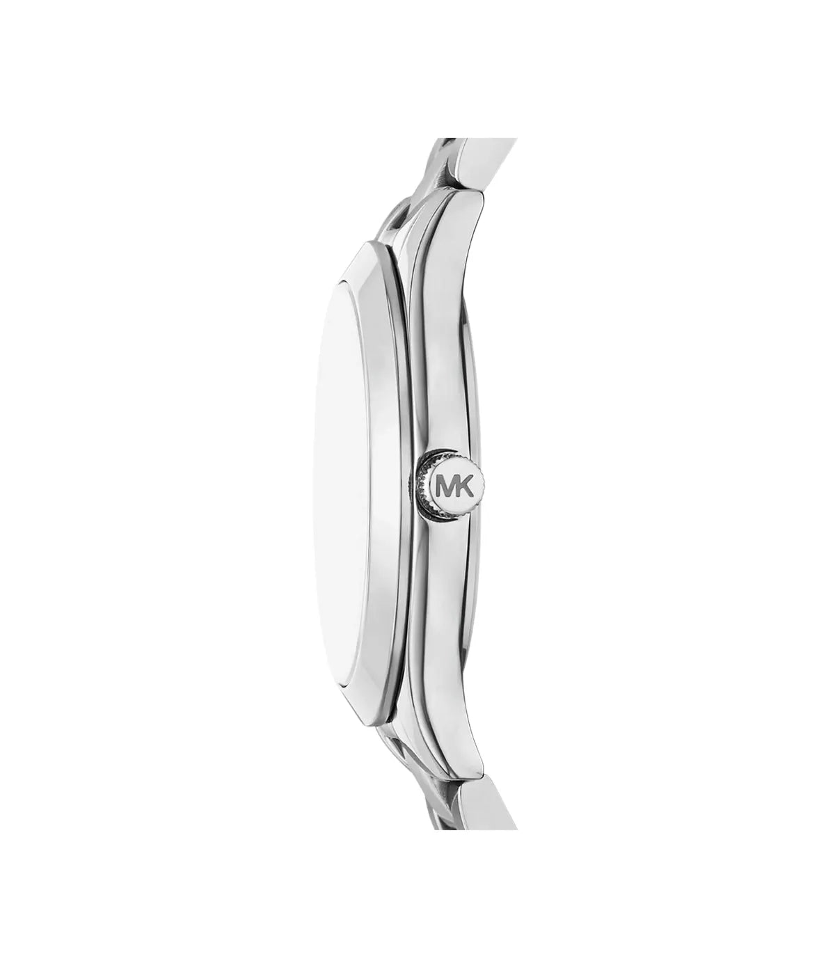 Side profile of the Michael Kors Slim Runway MK7563SET showing the silver stainless steel case and silver stainless steel strap