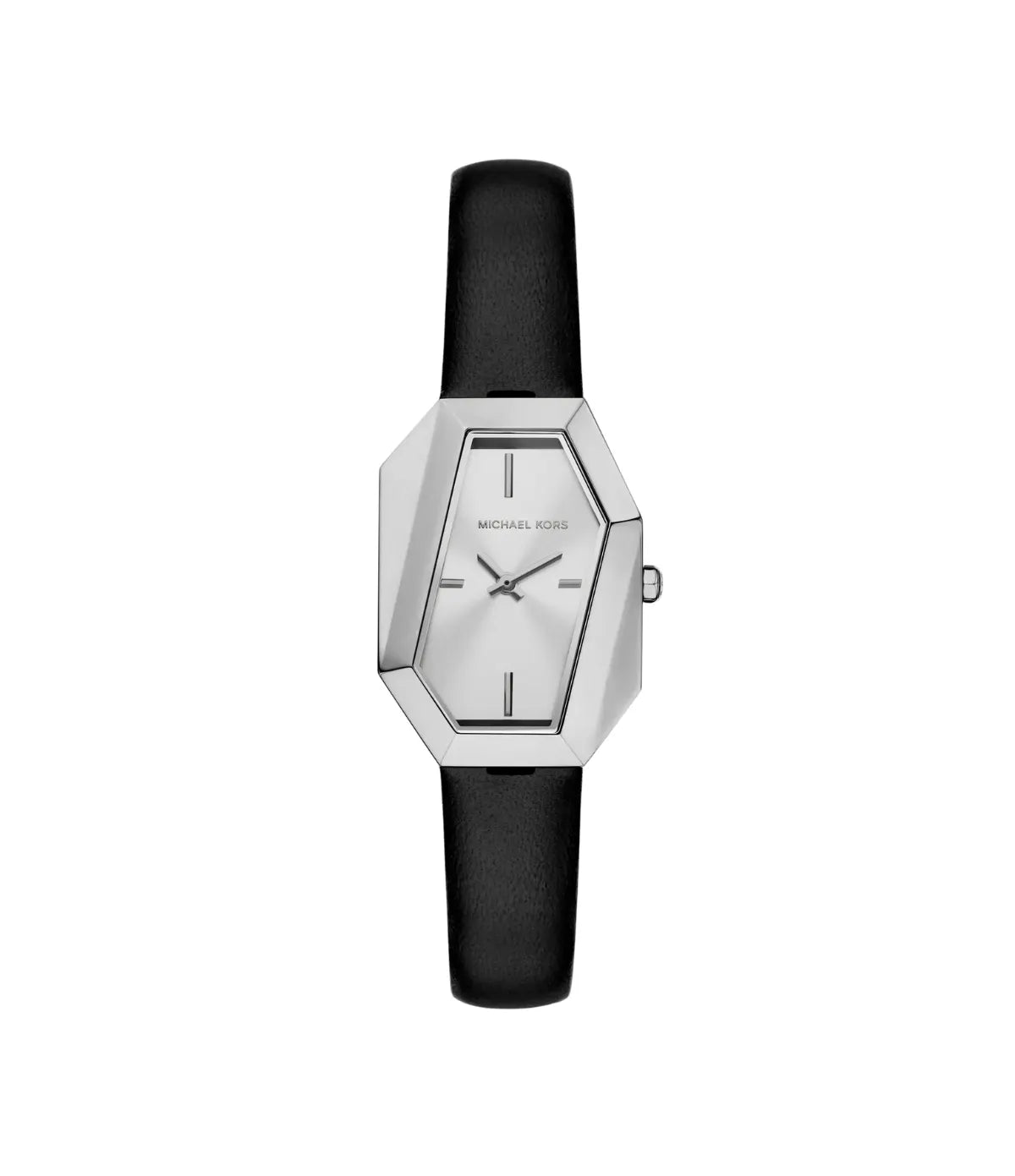 Michael Kors Suri 24mm Silver-Tone and Black Leather Watch MK4881 front view - women's black leather watch with silver dial, available in Sri Lanka at Time Vault
