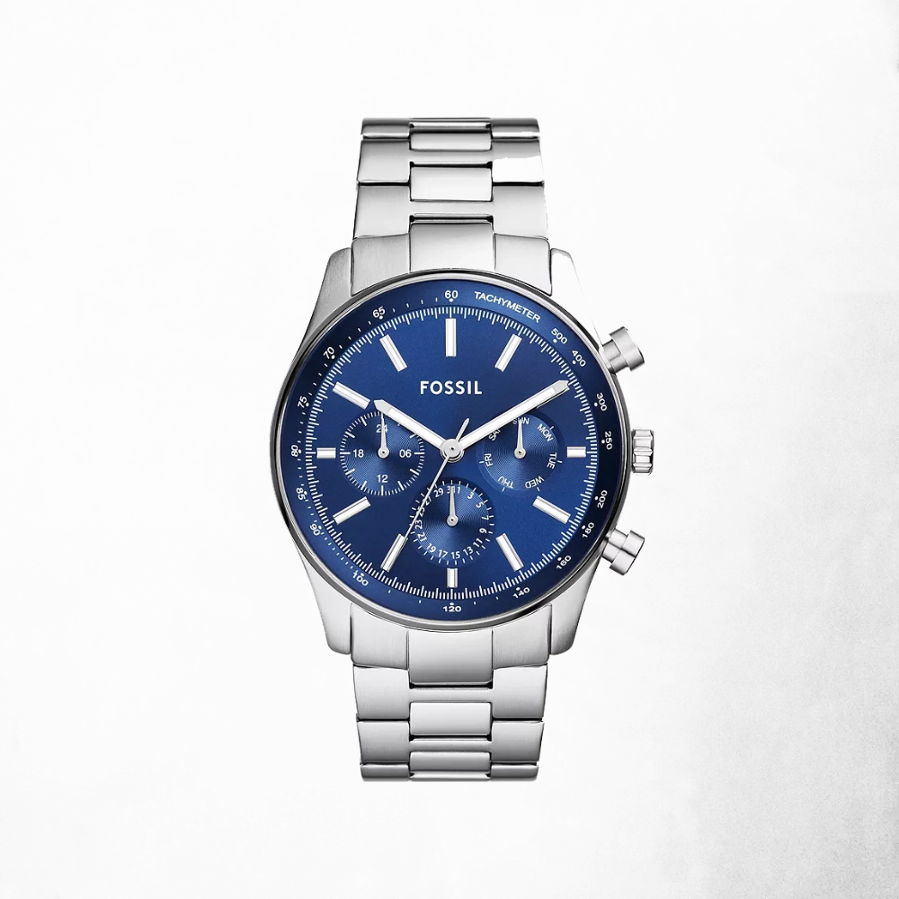 Front view of the Sullivan Multifunction Stainless Steel Watch with black dial and silver bracelet.