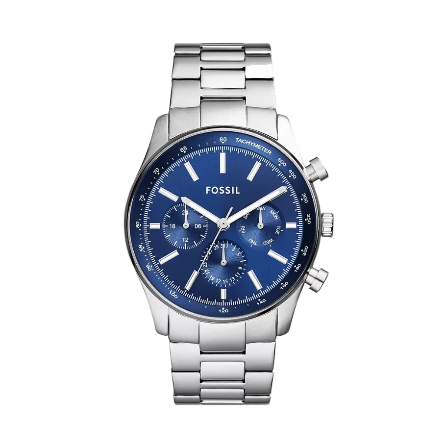 Front view of the Sullivan Multifunction Stainless Steel Watch with black dial and silver bracelet.