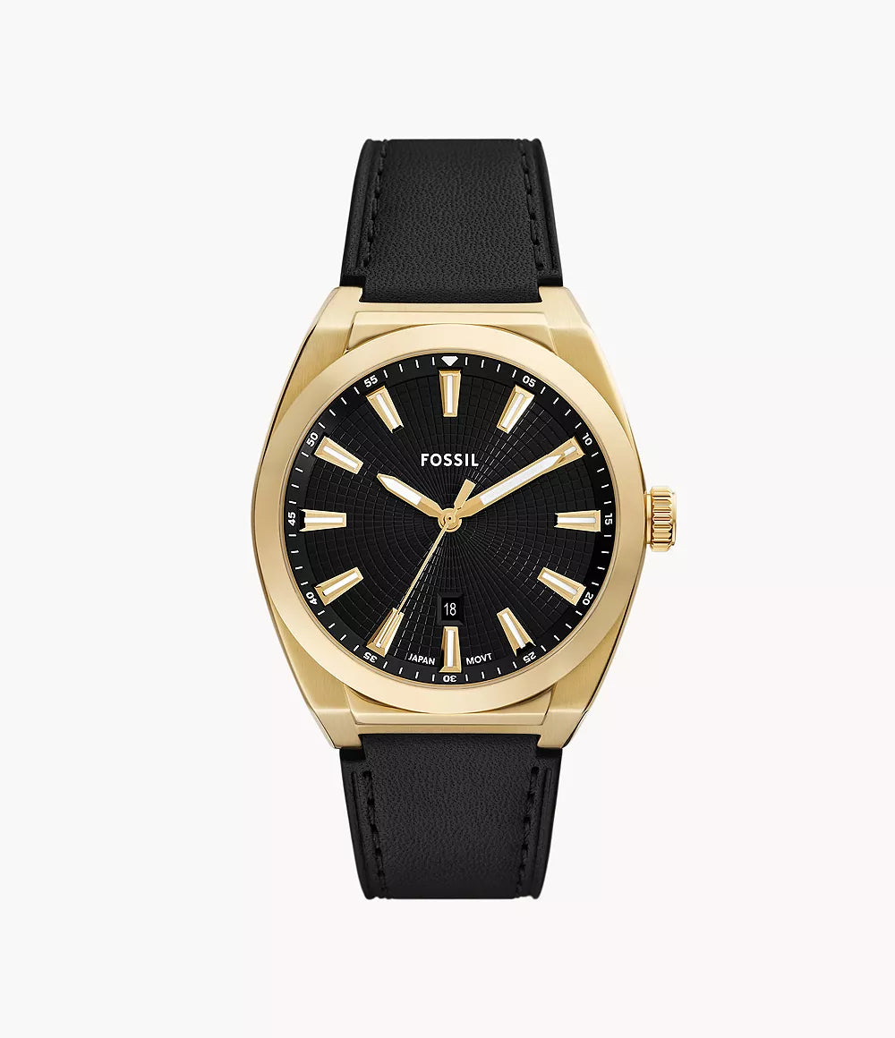 Fossil Everett Three-Hand Date Black Leather Watch