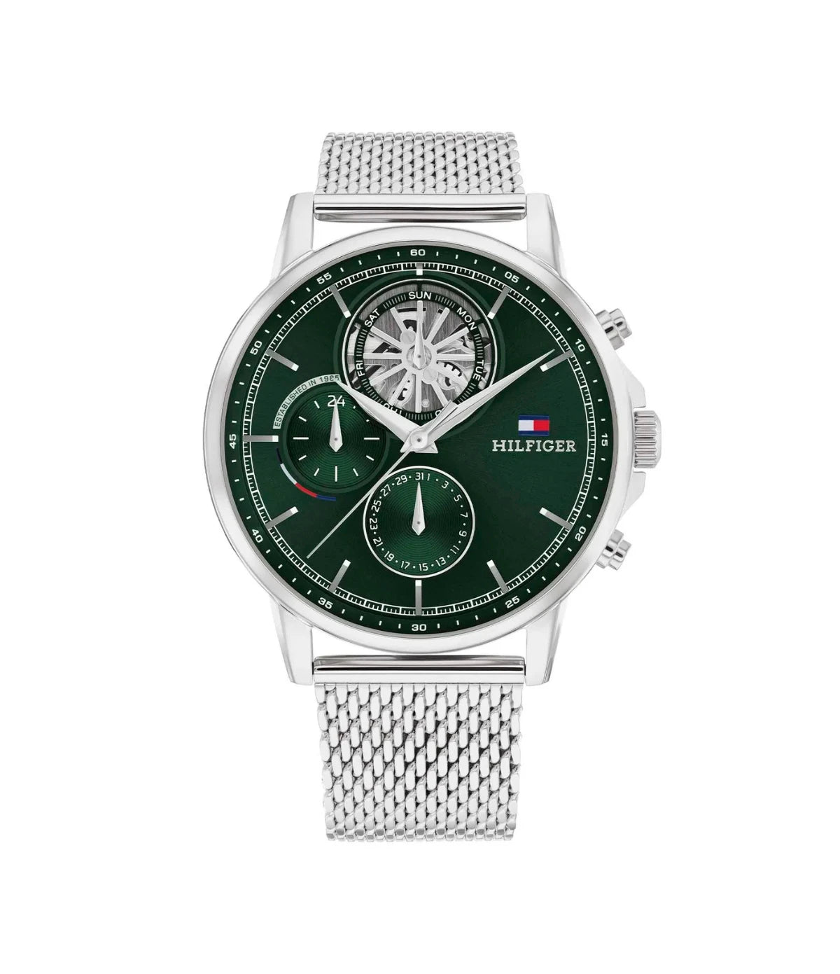 1710608 Tommy Hilfiger Stewart Men's Silver Mesh Watch front dial view with green dial, silver-tone baton indices, and day date sub-dials at Time Vault