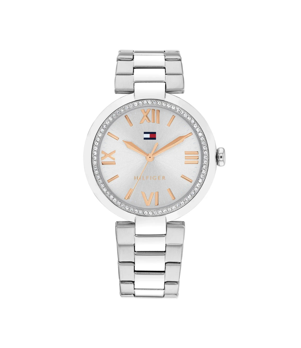 1782681 Tommy Hilfiger Stainless Steel Silver Dial Women's Watch front dial view with silver-toned metallic dial and Roman index at Time Vault
