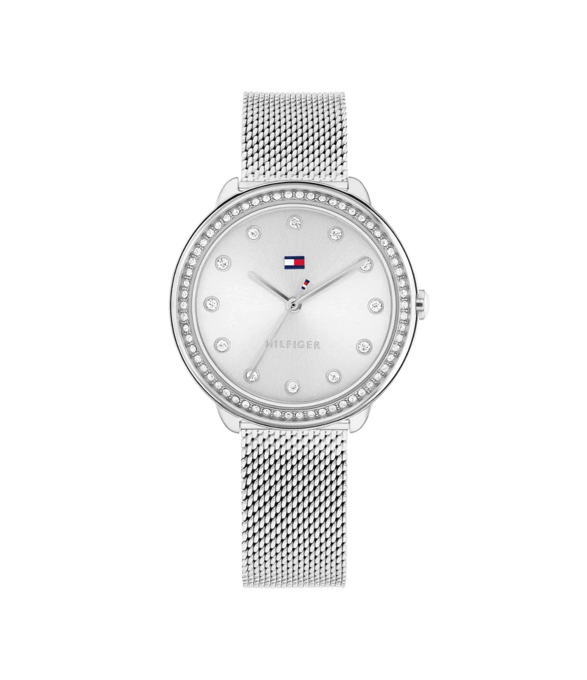 1782698 Tommy Hilfiger Demi Women's Silver Watch front dial view with silver sunray dial, crystal-set indices, and elegant silver-tone hands at Time Vault