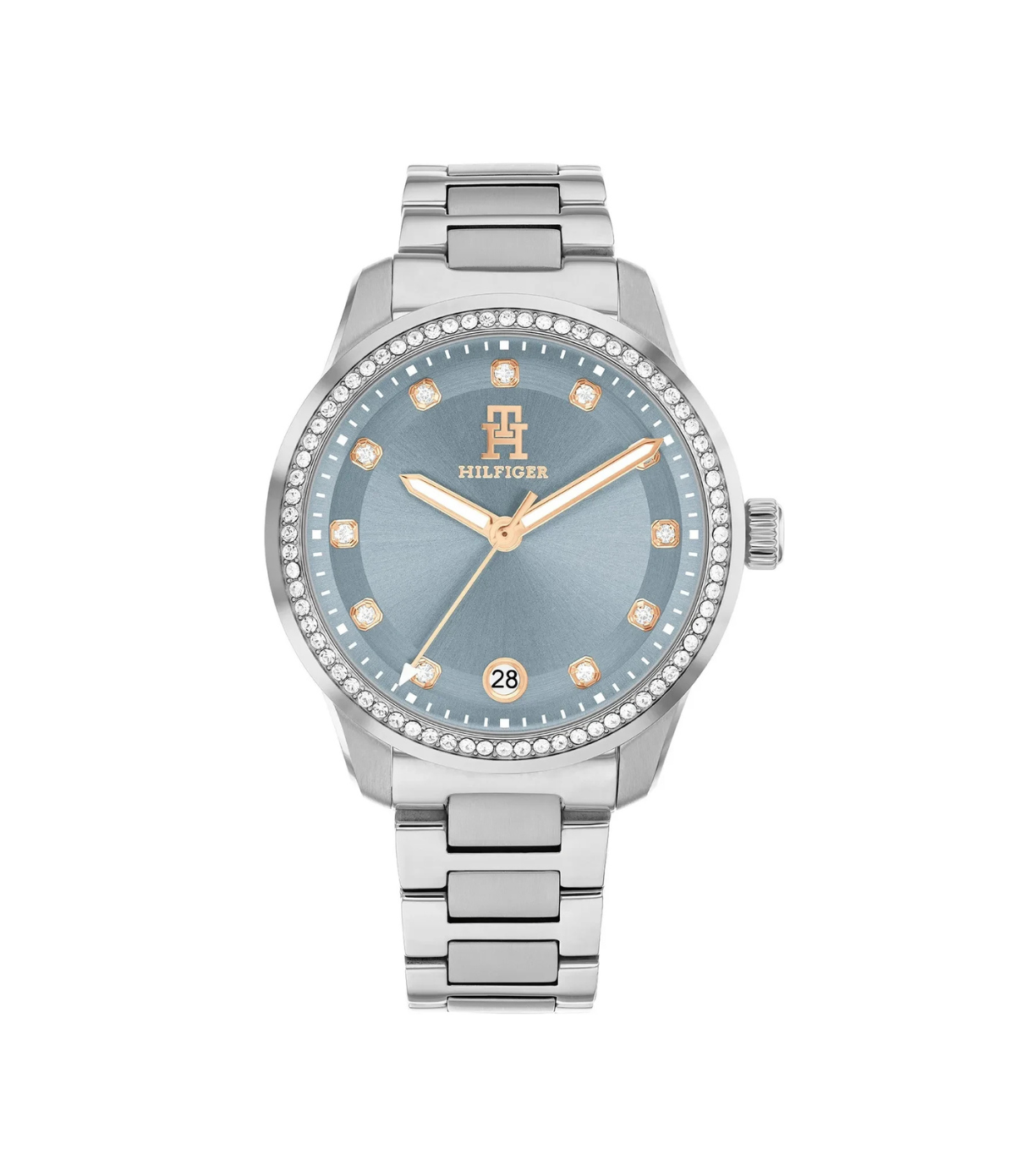 1782795 Tommy Hilfiger TH85 Crystals Watch front dial view with blue dial, simple hour markers, and crystal-embellished bezel at Time Vault