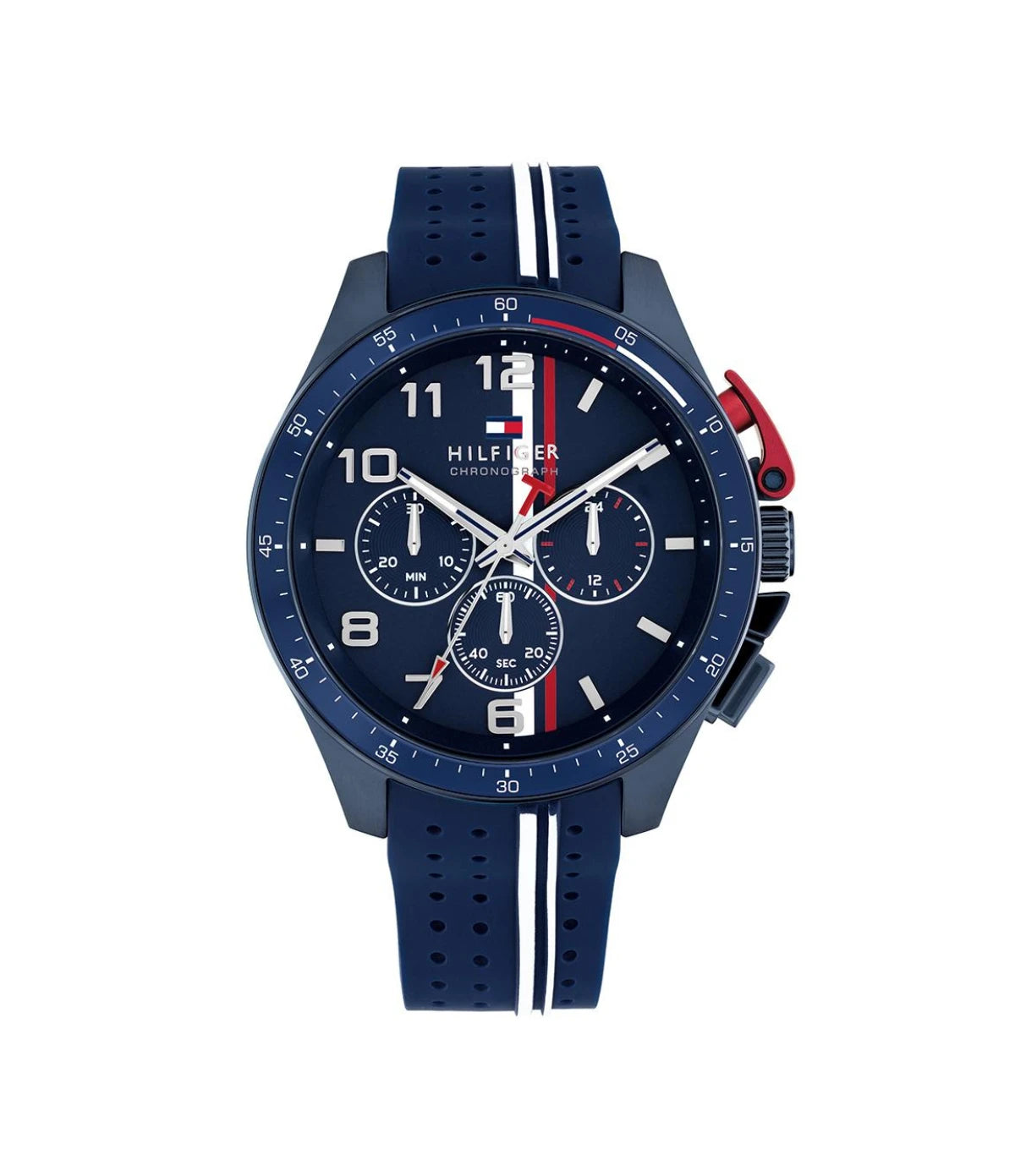 1792169 Tommy Hilfiger Bank Chronograph Watch front dial view with blue dial and chronograph sub-dials at Time Vault
