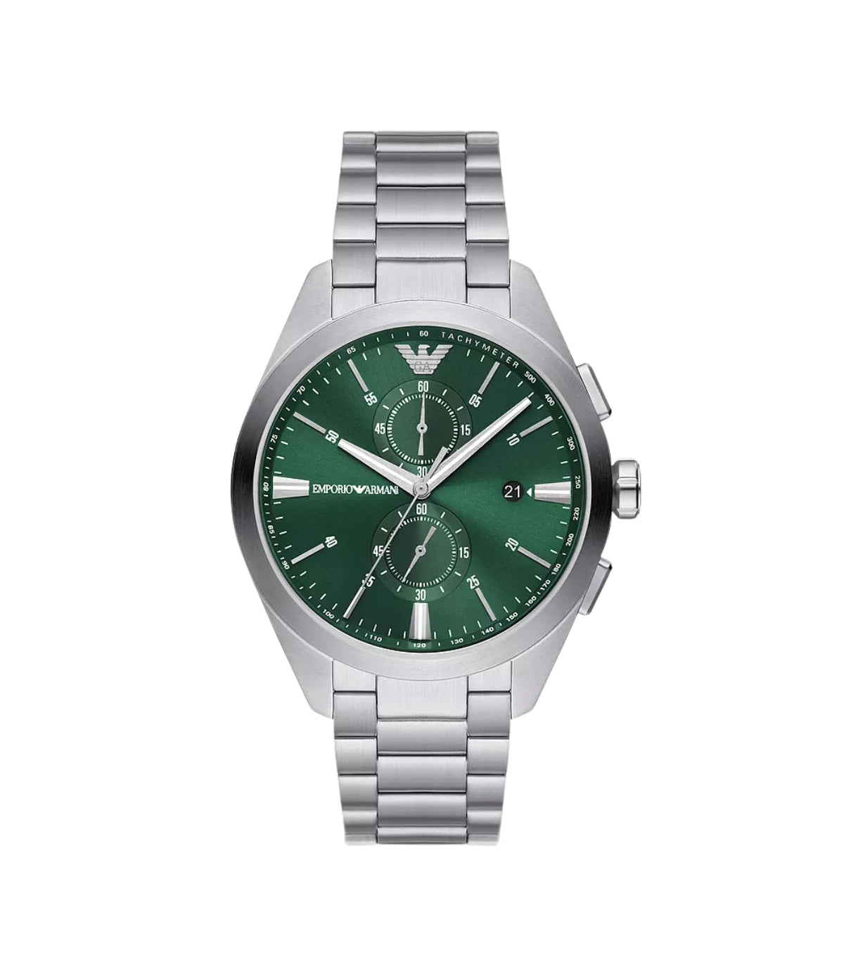 AR11480 Emporio Armani Chronograph Stainless Steel Watch front dial view with sunray dial, chronograph sub-dials, and date window at Time Vault