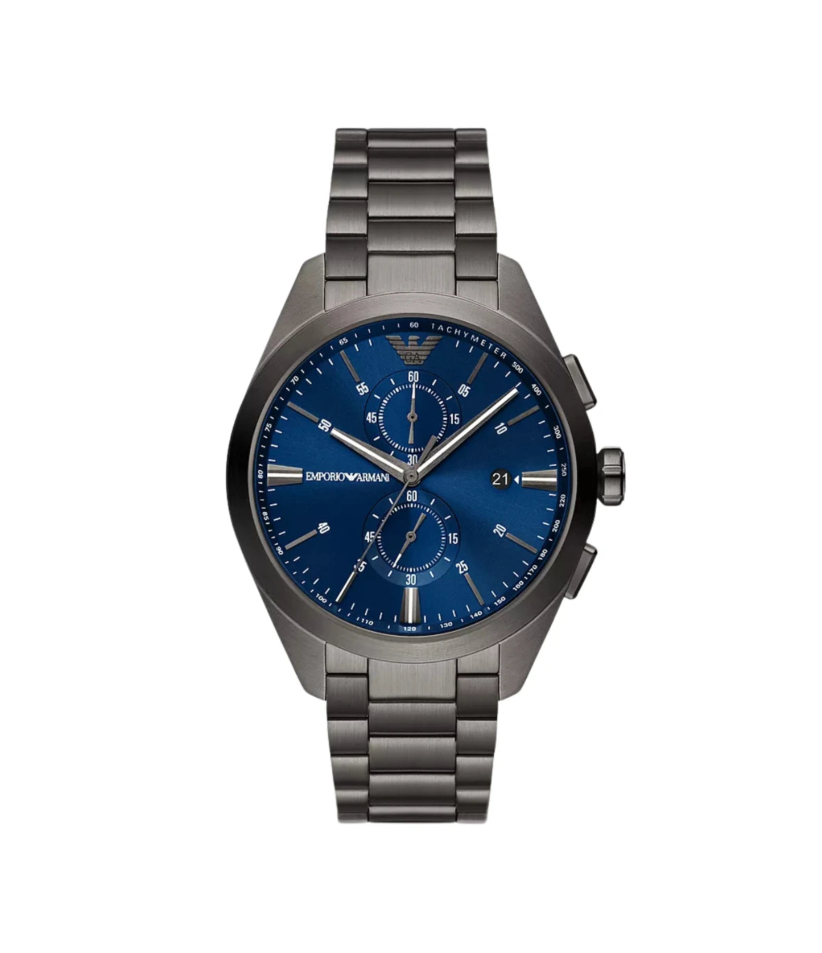 AR11481 Emporio Armani Chronograph Gunmetal Stainless Steel Watch front dial view with gunmetal sunray dial, chronograph sub-dials, and date window at Time Vault