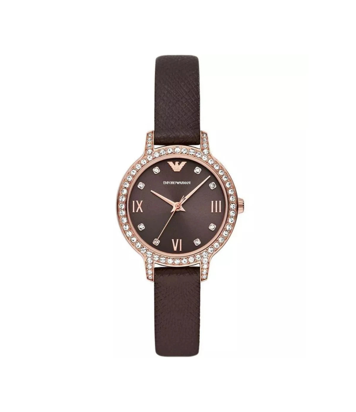 AR11555 Emporio Armani Cleo Pro-Planet Leather Watch front dial view with brown sunray dial and rose gold-tone case at Time Vault