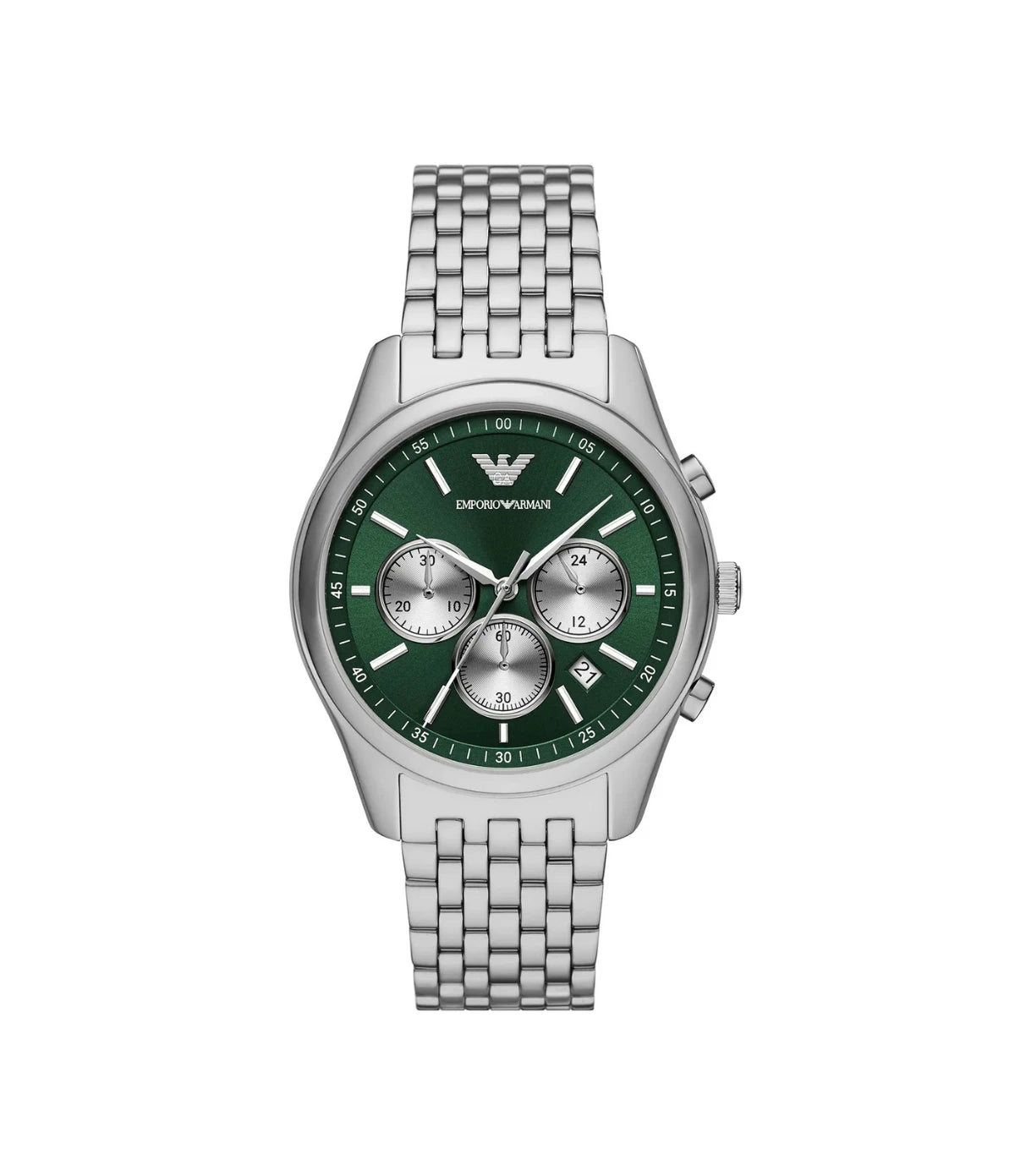 AR11581 Emporio Armani Antonio Chronograph Watch front dial view with green sunray dial, baton markers, and chronograph sub-dials at Time Vault