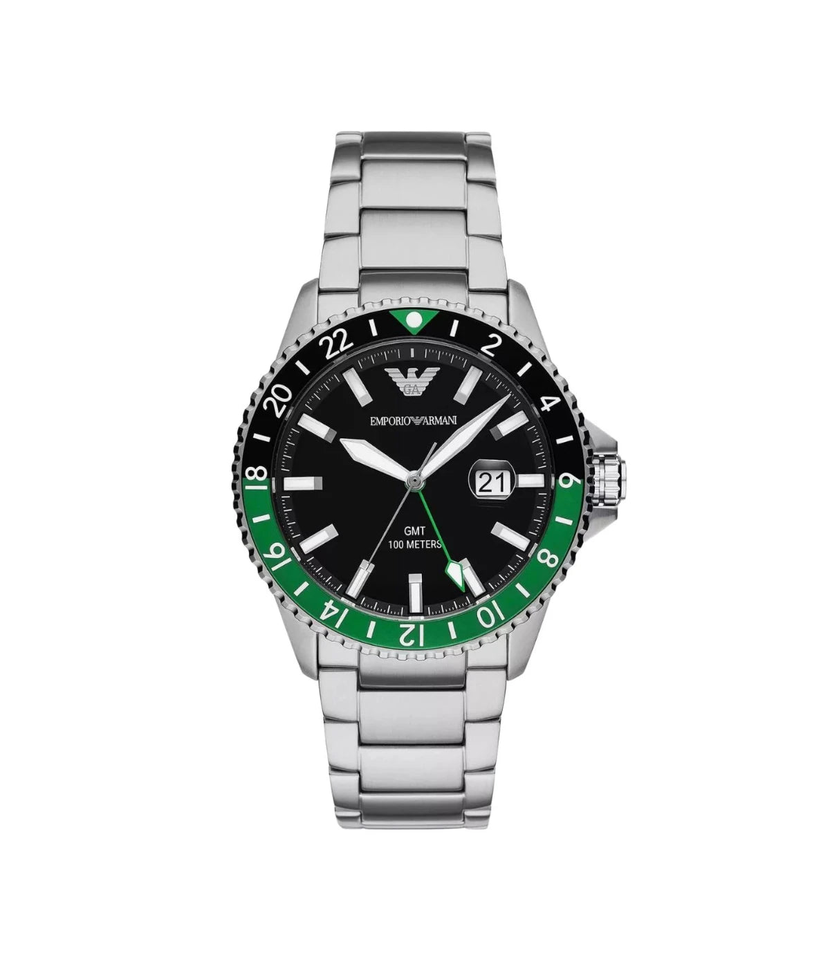 AR11589 Emporio Armani Diver Men's Stainless Steel Watch front dial view with black dial, luminous markers, GMT hand, and date window at Time Vault