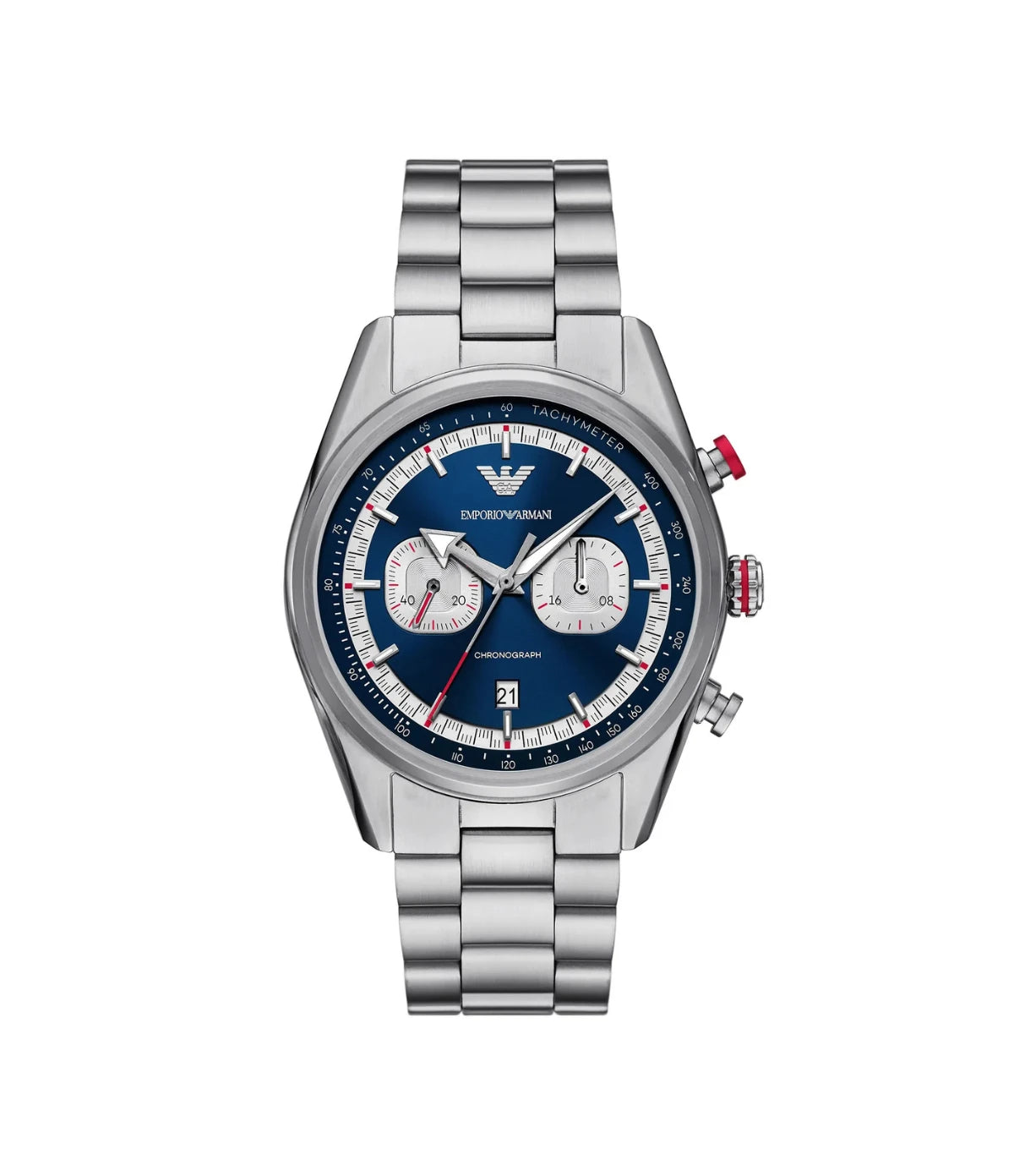 AR11676 Emporio Armani Chronograph Racer Watch front dial view with blue sunray dial, white CD-textured sub-eyes, and tachymeter at Time Vault