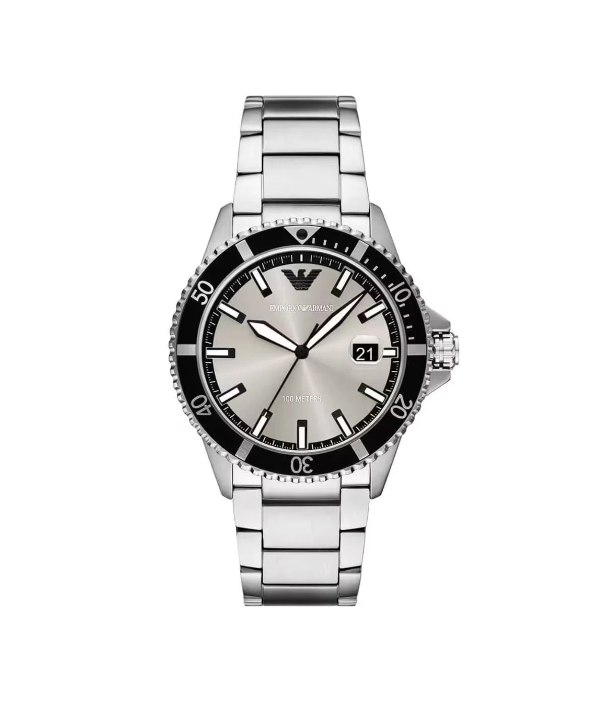 AR11683 Emporio Armani World Explorer Stainless Steel Watch front dial view with blue sunray dial, chronograph sub-dials, and date window at Time Vault