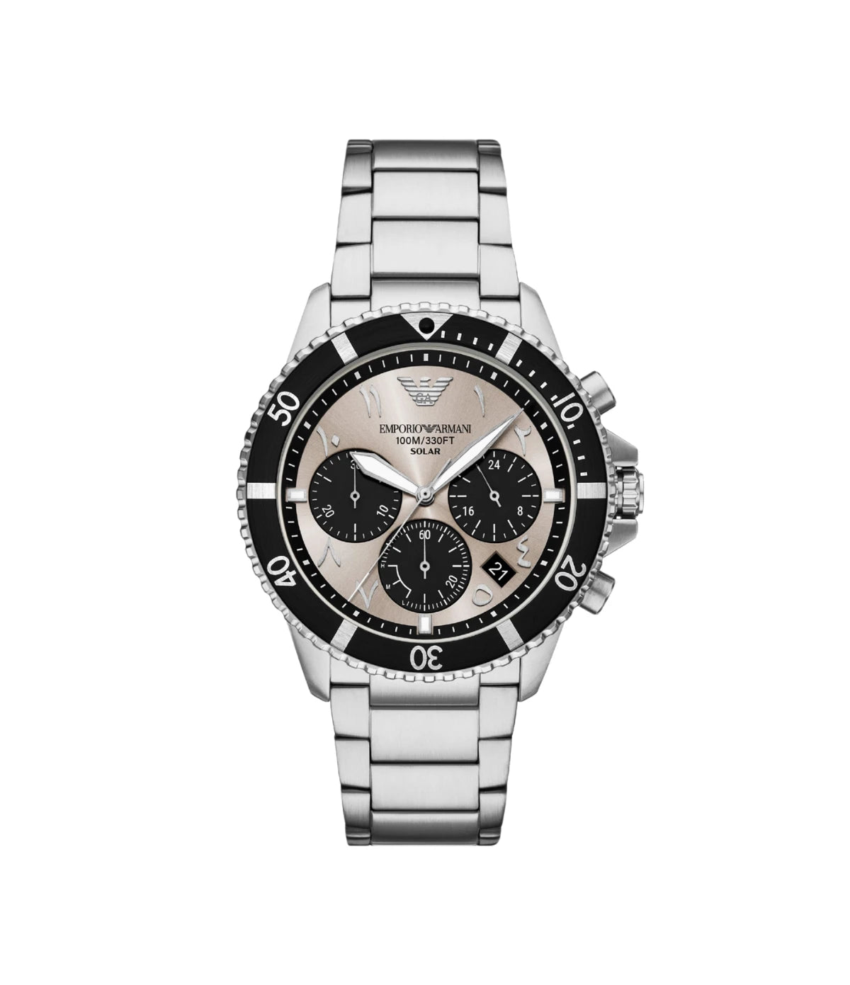 AR11722NLPNLC Emporio Armani World Explorer Solar-Powered Chronograph Stainless Steel Watch front dial view with grey dial and chronograph sub-dials at Time Vault