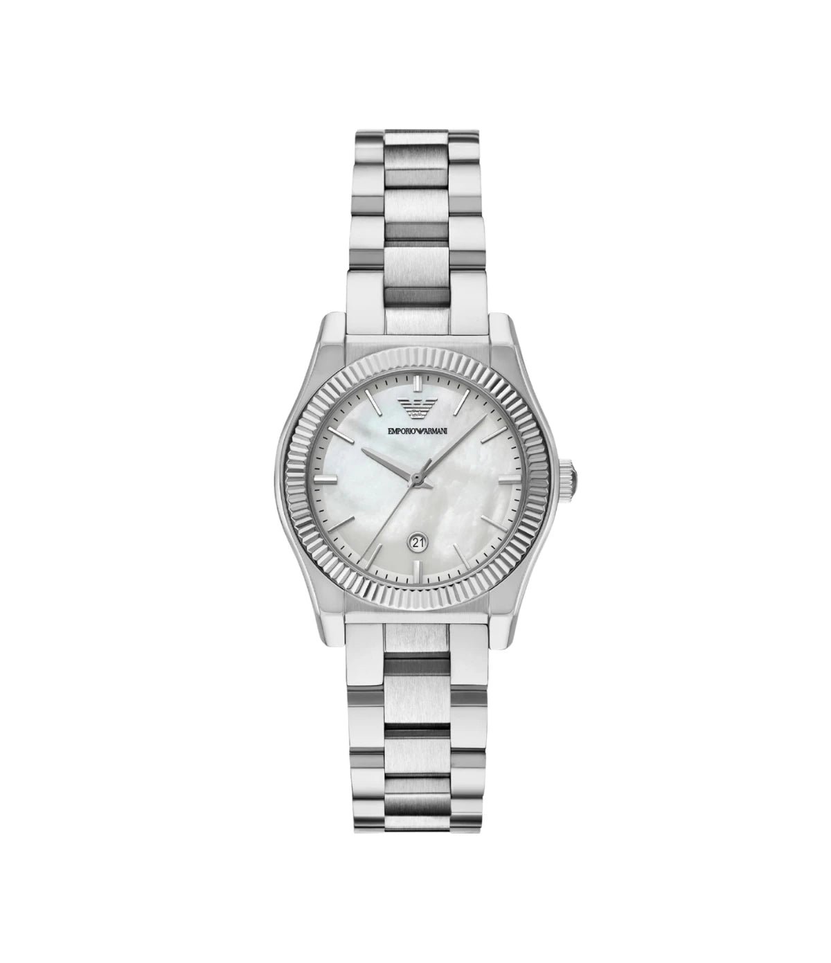 AR11723NLPNLC Emporio Armani Three Hand Stainless Steel Watch front dial view with glossy mother-of-pearl dial and fluted bezel at Time Vault