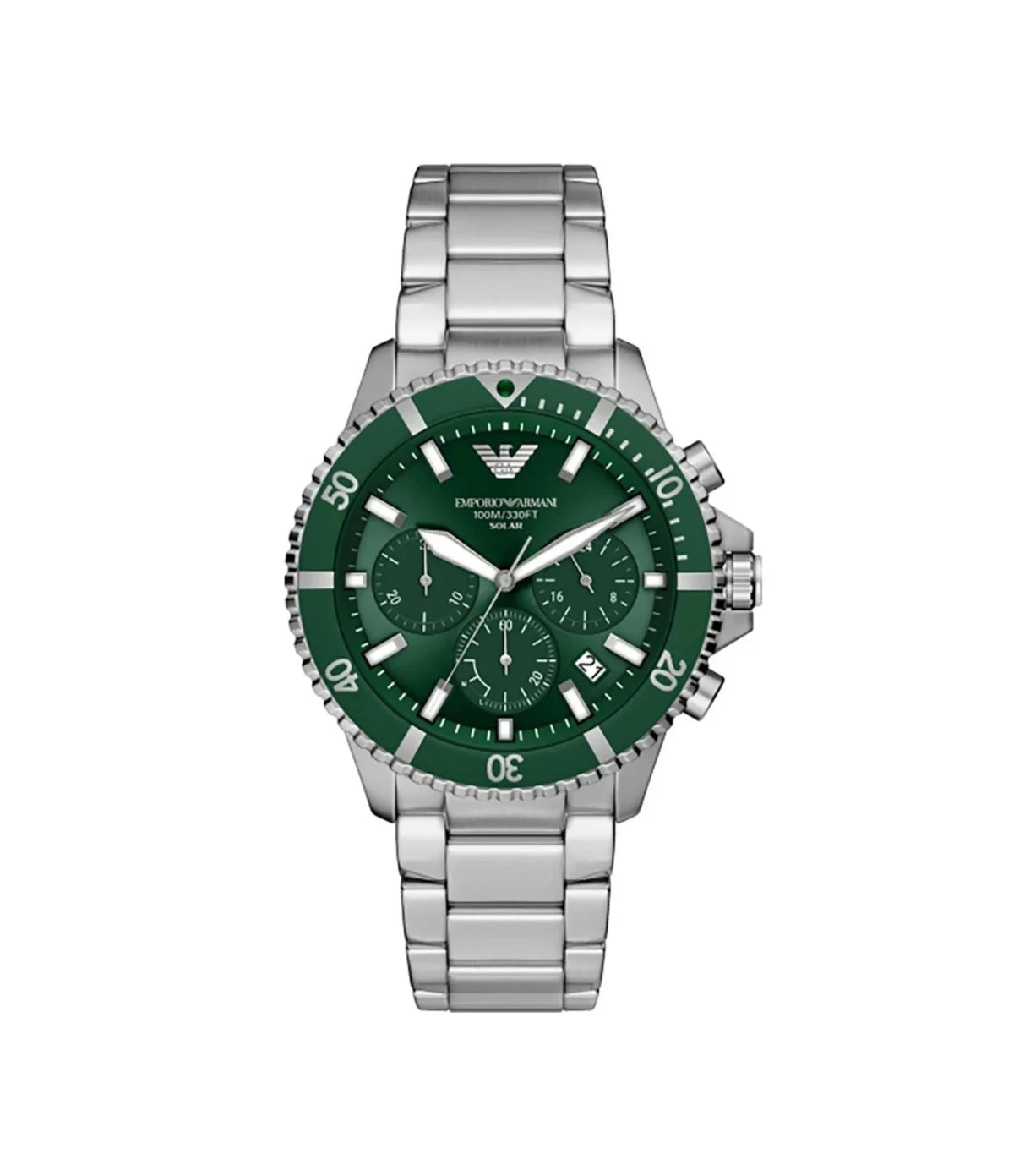 AR11741 Emporio Armani World Explorer Solar Green Dial Watch front dial view with green sunray dial and chronograph sub-dials at Time Vault