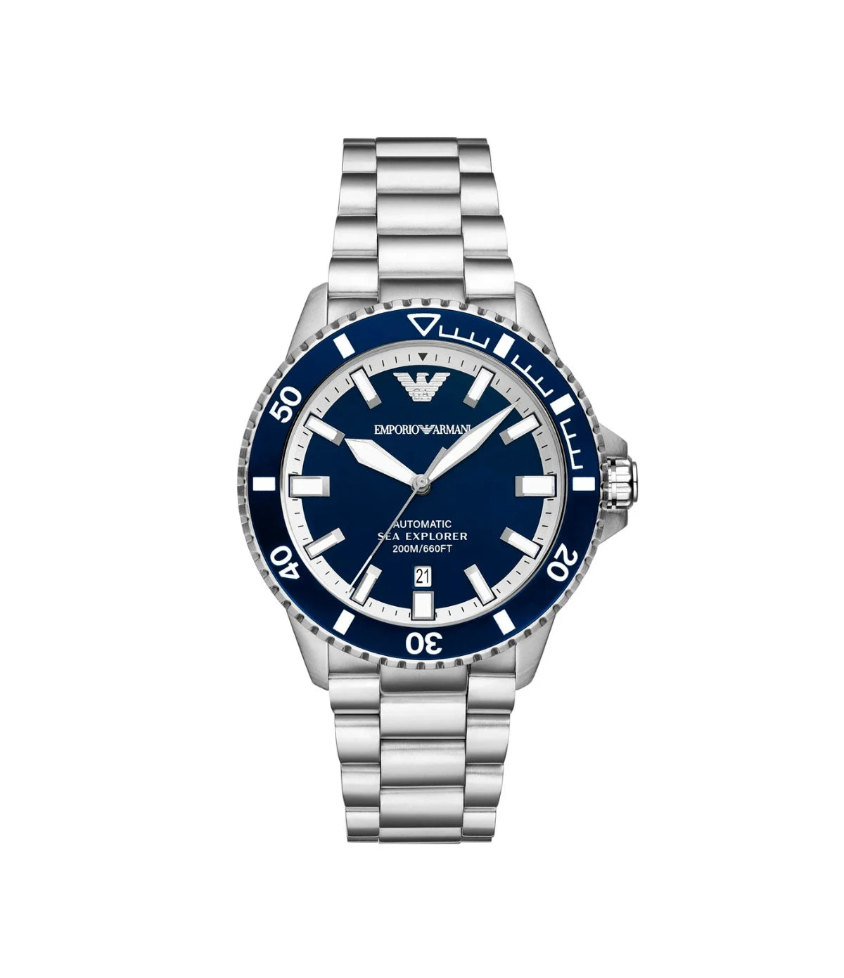AR60079 Emporio Armani Sea Explorer Automatic Stainless Steel Watch front dial view with glossy blue enamel dial and Super-LumiNova markers at Time Vault