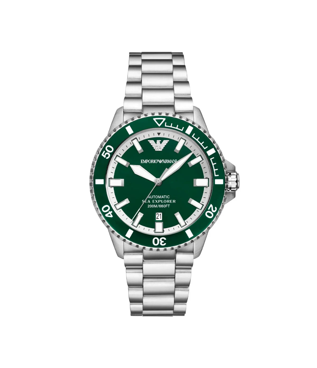 AR60080 Emporio Armani Sea Explorer Automatic Stainless Steel Watch front dial view with glossy green enamel dial and Super-LumiNova markers at Time Vault
