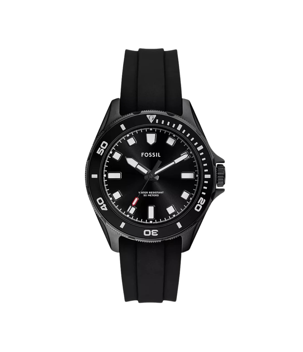 BQ2886 Fossil Dalton Three-Hand Black Silicone Watch front dial view with black sunray dial and unidirectional rotating bezel at Time Vault