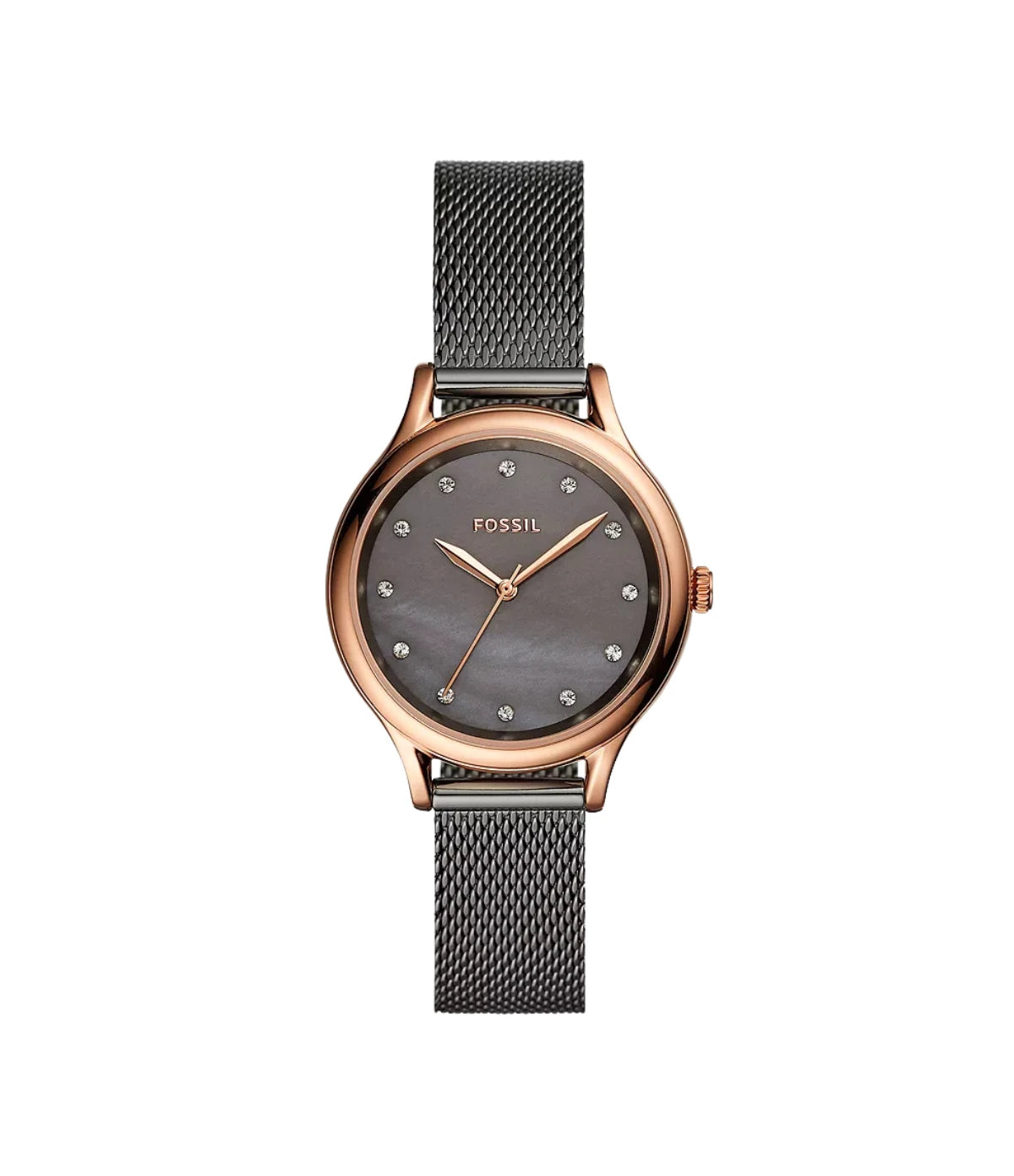 BQ3393 Fossil Laney Three-Hand Smoke Stainless Steel Watch front dial view with mother-of-pearl dial and faceted crystal at Time Vault