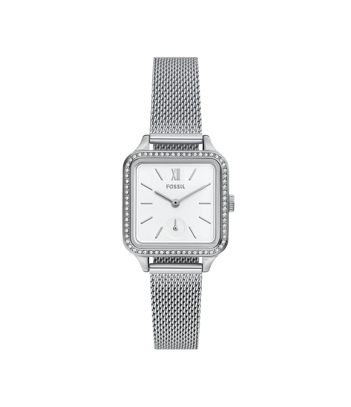BQ3970 Fossil Colleen Three-Hand Stainless Steel Mesh Watch front dial view with white dial and silver-tone hands at Time Vault