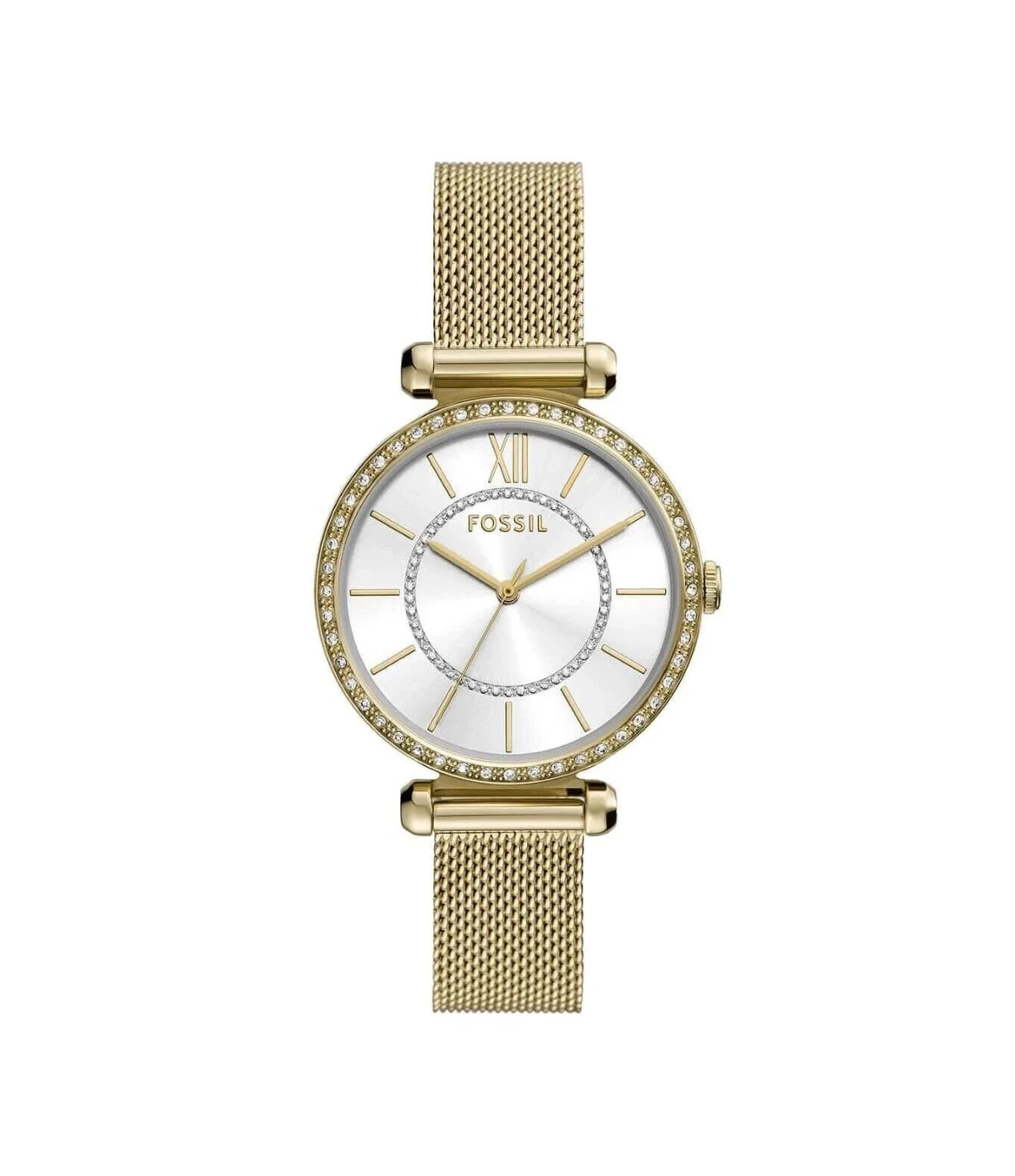 BQ3990 Fossil Tillie Three-Hand Gold-Tone Stainless Steel Watch front dial view with sunray silver dial and gold-tone case at Time Vault