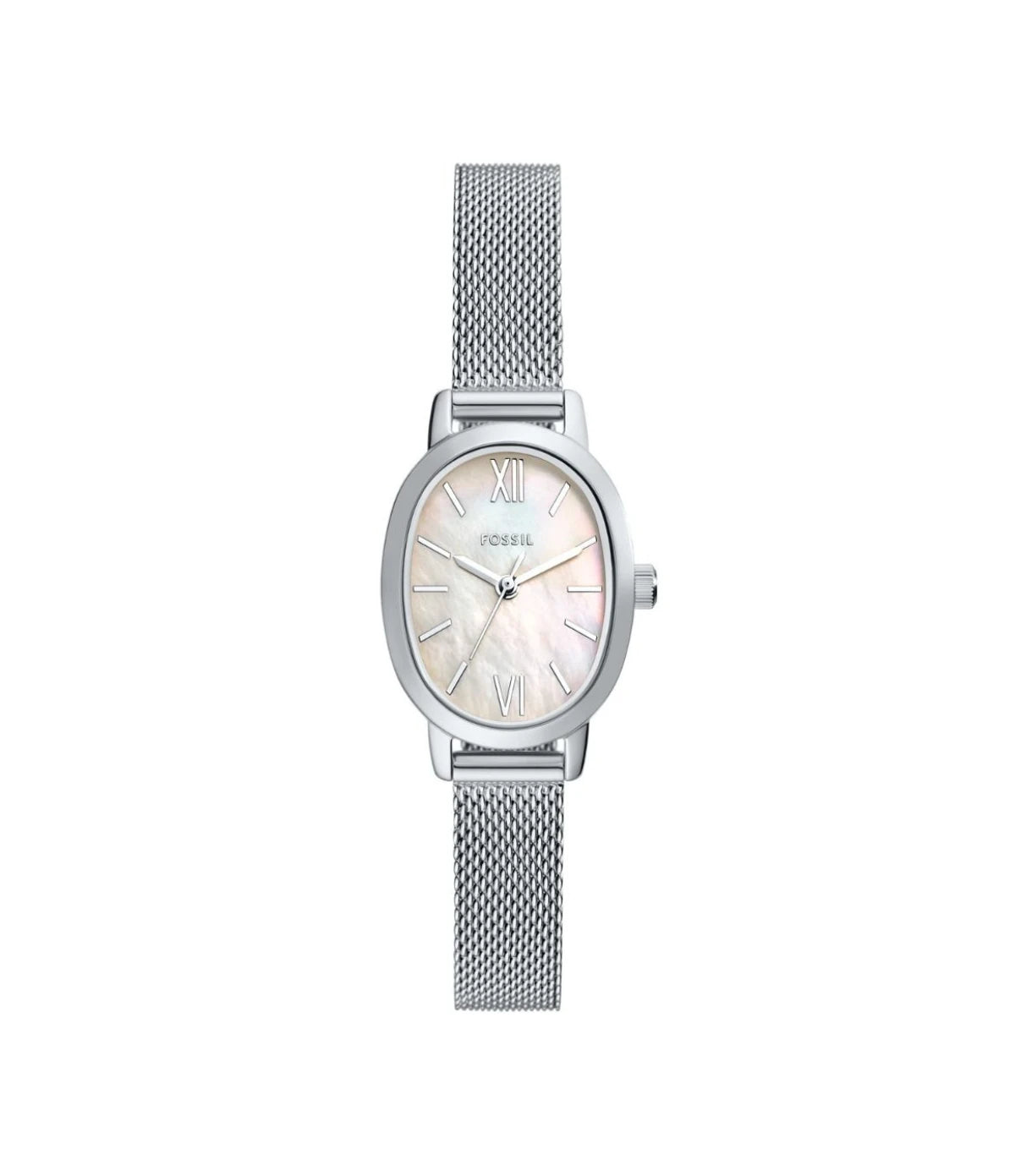 BQ5015 Fossil Penny Three-Hand Stainless Steel Watch front dial view with white mother-of-pearl dial and silver-tone hands at Time Vault