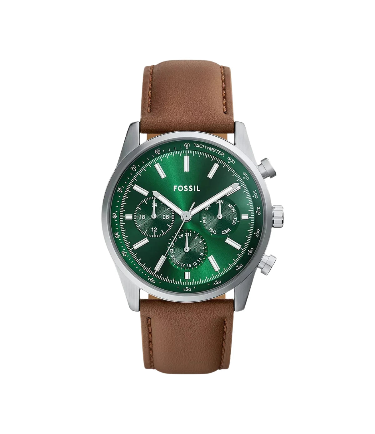 BQM2858 Fossil Sullivan Multifunction Brown Leather Watch front dial view with green sunray dial and multifunction sub-dials at Time Vault