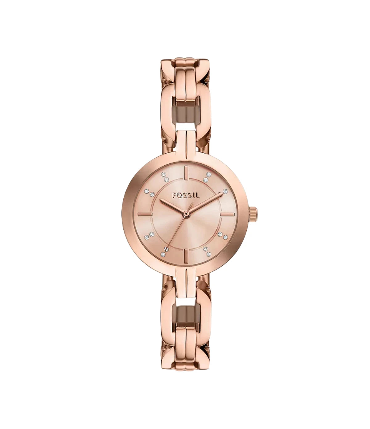 BQW3206 Fossil Kerrigan Three-Hand Rose Gold-Tone Stainless Steel Watch front dial view with rose gold dial and crystal indices at Time Vault