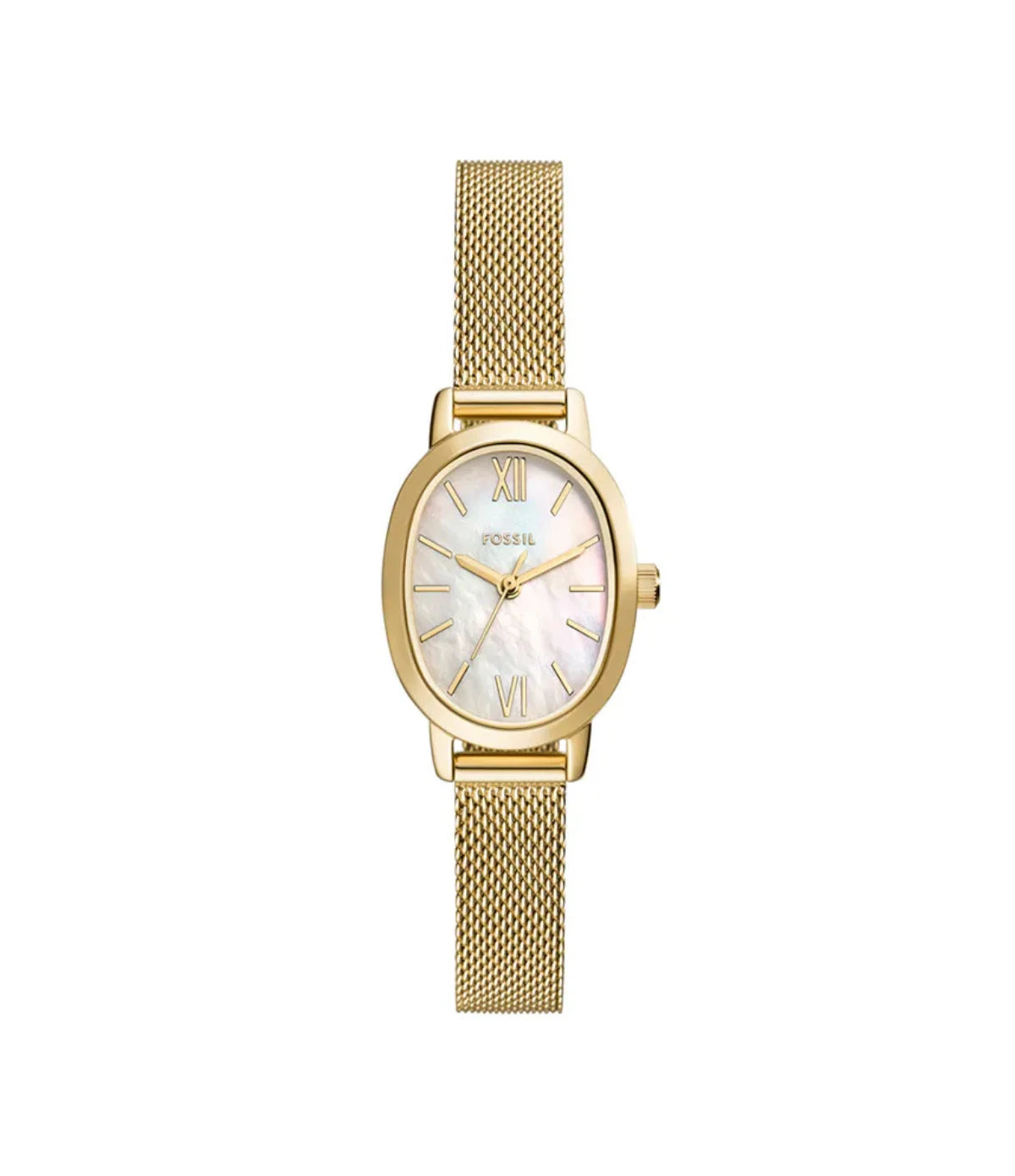 BQW5017 Fossil Penny Three-Hand Gold Stainless Steel Mesh Strap Watch front dial view with white mother-of-pearl dial and gold-tone hands at Time Vault