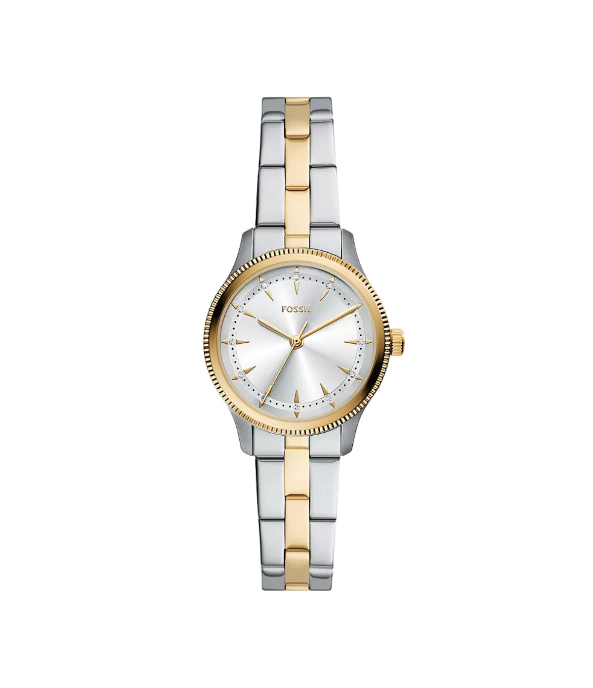 BQW8019 Fossil Brynn Three-Hand Two-Tone Stainless Steel Watch front dial view with silver sunray dial at Time Vault