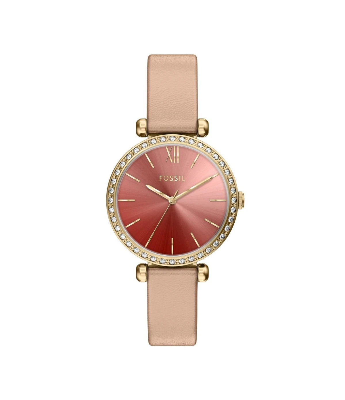 BQW8039 Fossil Tillie Nude Leather Watch with Peach Dial 36mm front view showing the sunray peach dial with crystal-set bezel at Time Vault