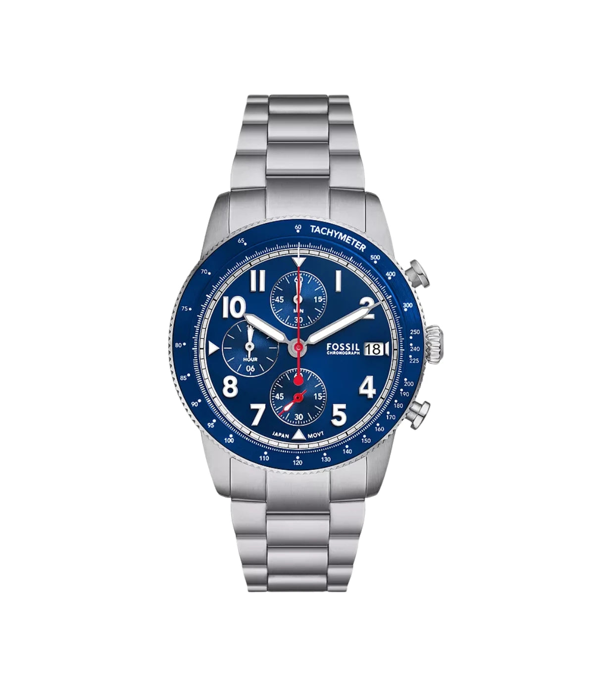 FS6047 Fossil Sport Tourer Chronograph Stainless Steel Watch front dial view with blue dial, tachymeter bezel, and chronograph sub-dials at Time Vault