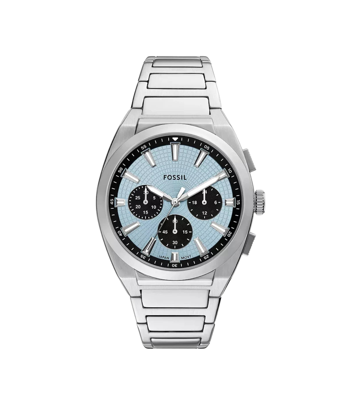 FS6105 Fossil Everett Chronograph Stainless Steel Watch front dial view with sunray sky blue dial, chronograph sub-dials, and date window at Time Vault
