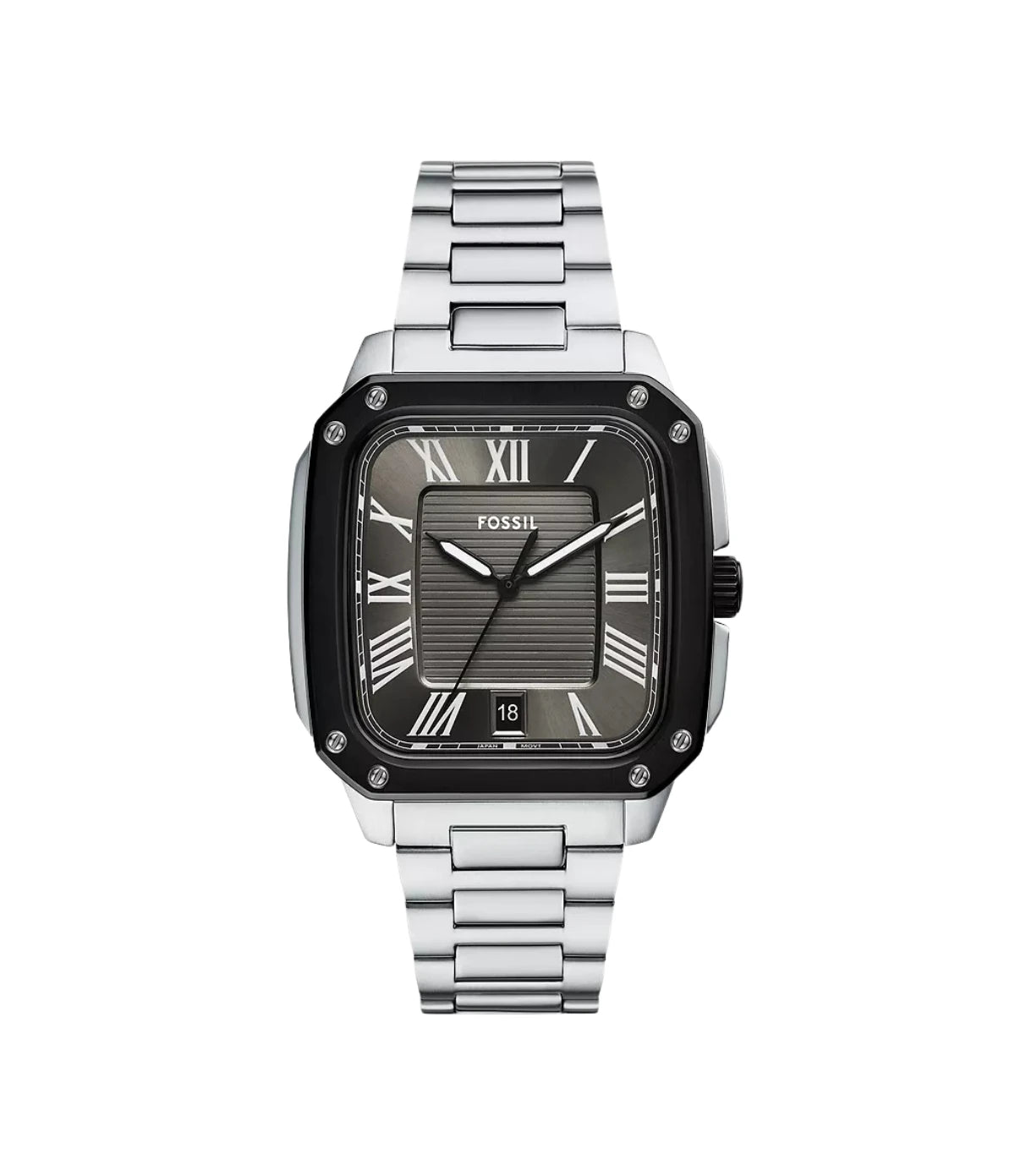FS6122 Fossil Crosby Three-Hand Date Stainless Steel Watch front dial view with grey-textured rectangular dial and date window at Time Vault