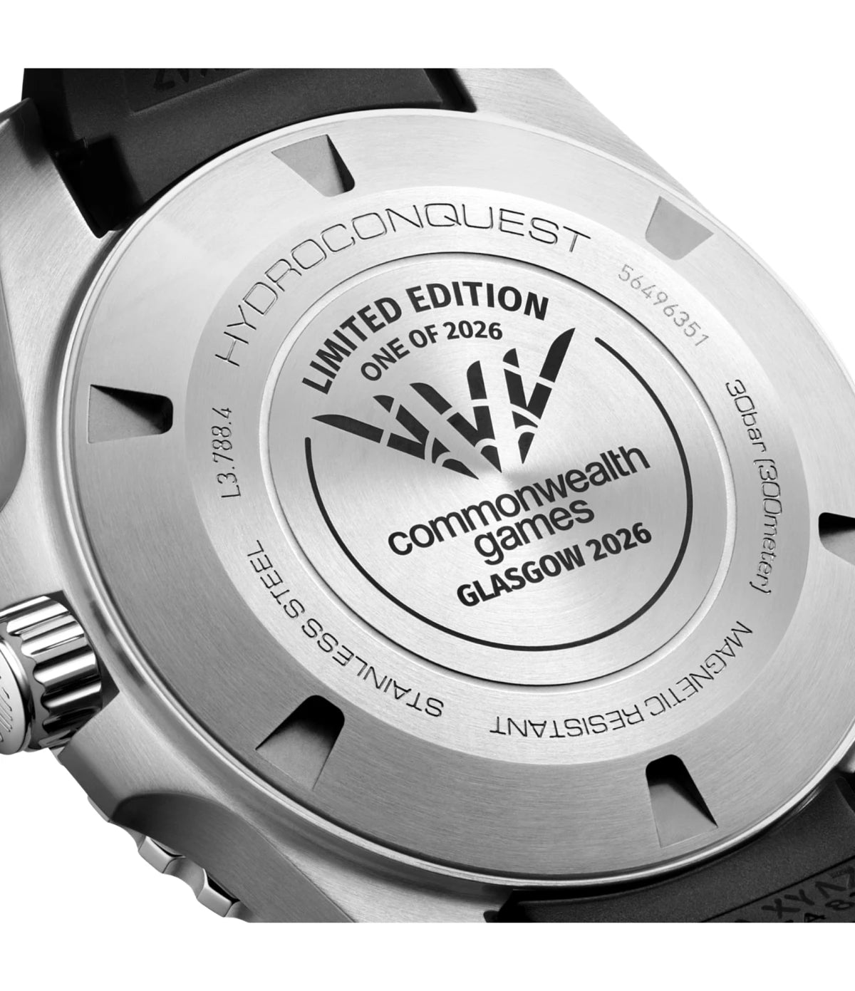 Longines HydroConquest 2026 Commonwealth Games L3.788.4.09.9 close-up case back detail showcasing the stainless steel finish and limited edition engraving at timevault