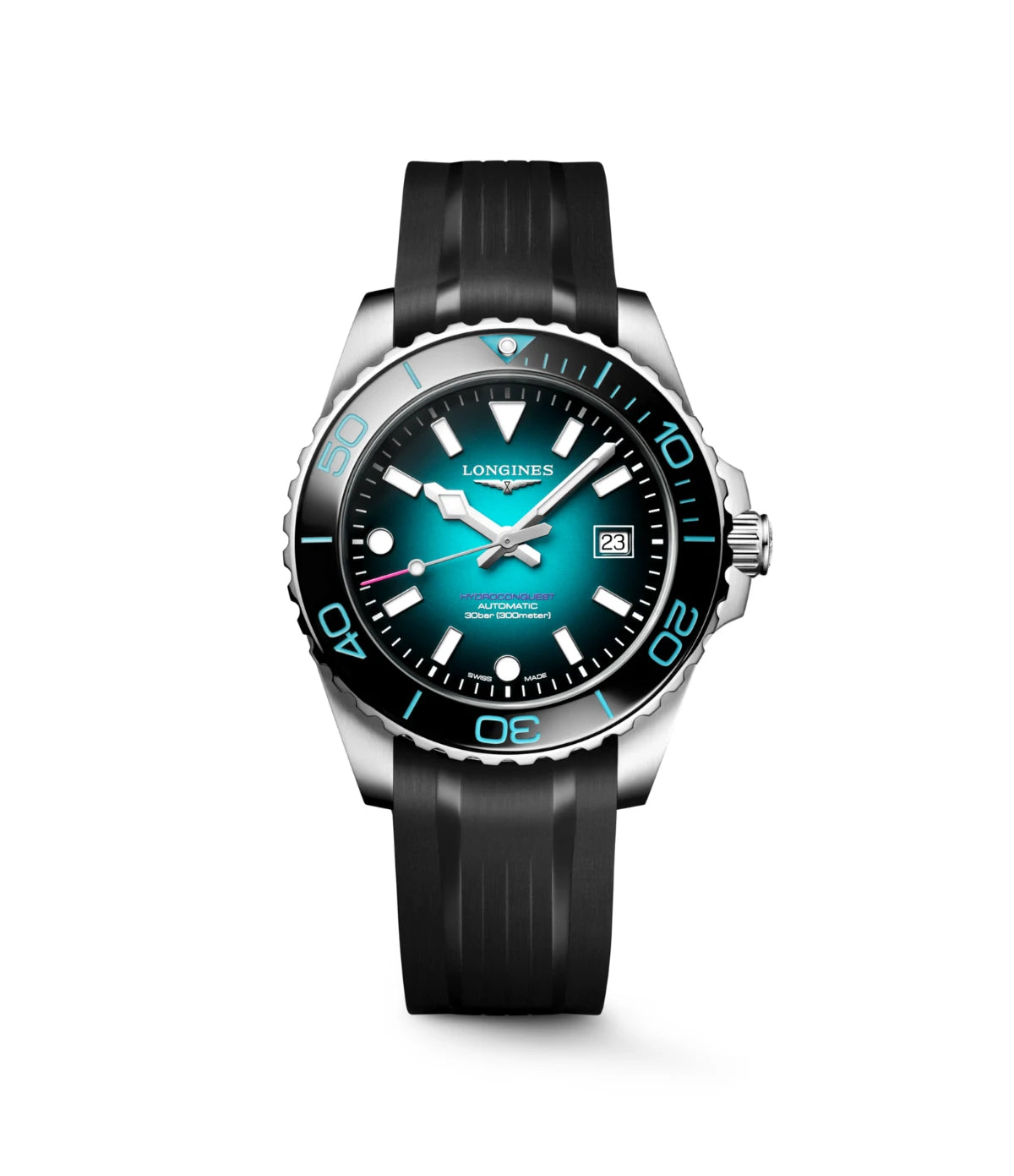 Longines HydroConquest 2026 Commonwealth Games L3.788.4.09.9 front dial view with teal gradient lacquered dial, Swiss Super-LumiNova markers, and ceramic bezel at Time Vault Sri Lanka