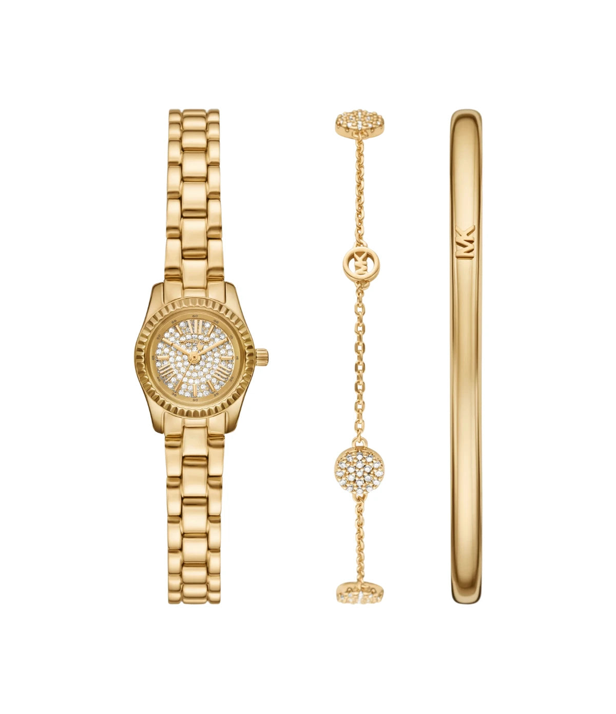 MK4944SET Michael Kors Petite Lexington Pavé Gold-Tone Watch and Jewelry Gift Set front dial view with pavé crystal dial at Time Vault