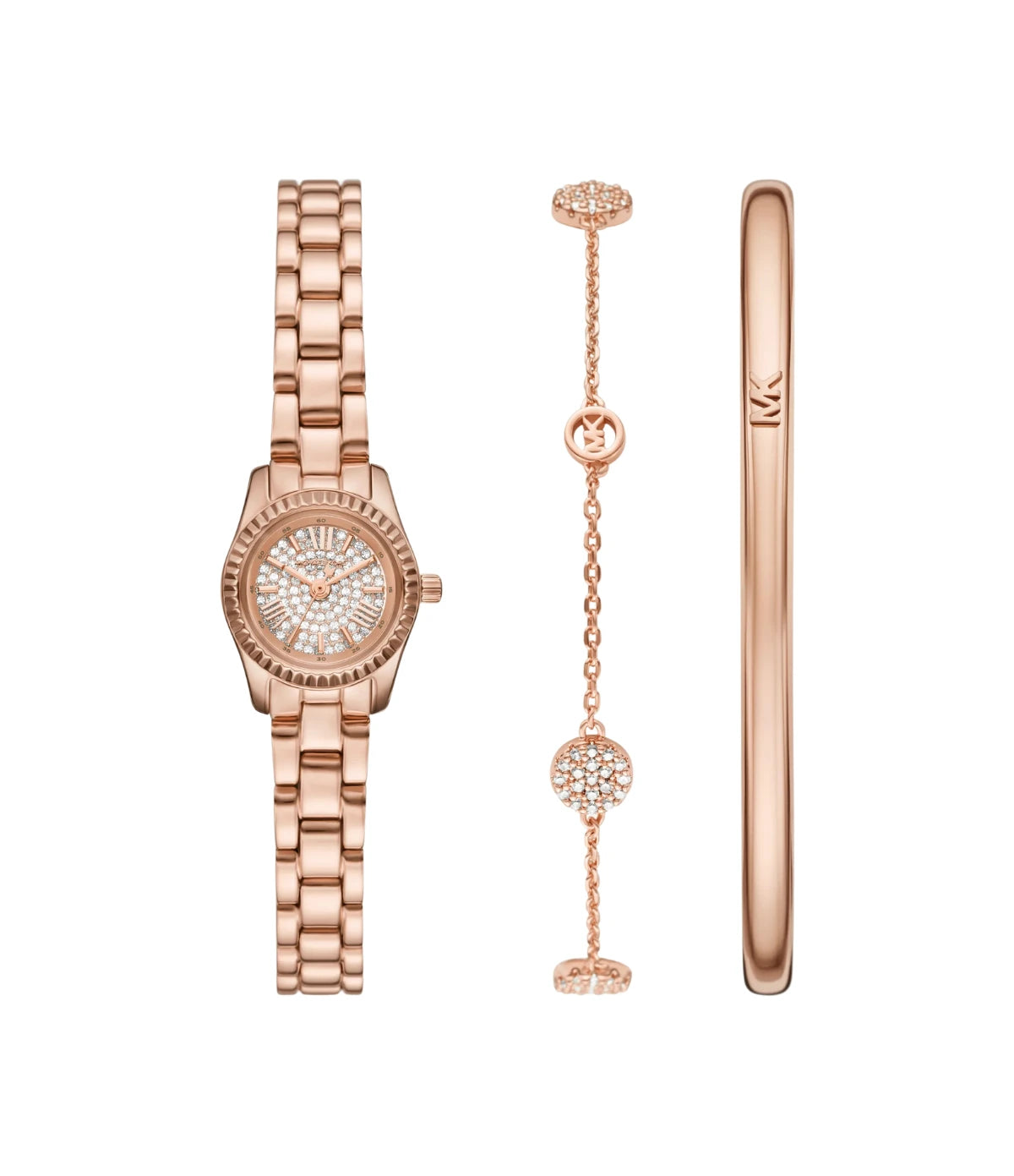 MK4946SET Michael Kors Petite Lexington Pavé Rose Gold-Tone Watch and Jewelry Gift Set front dial view with pavé crystal dial at Time Vault