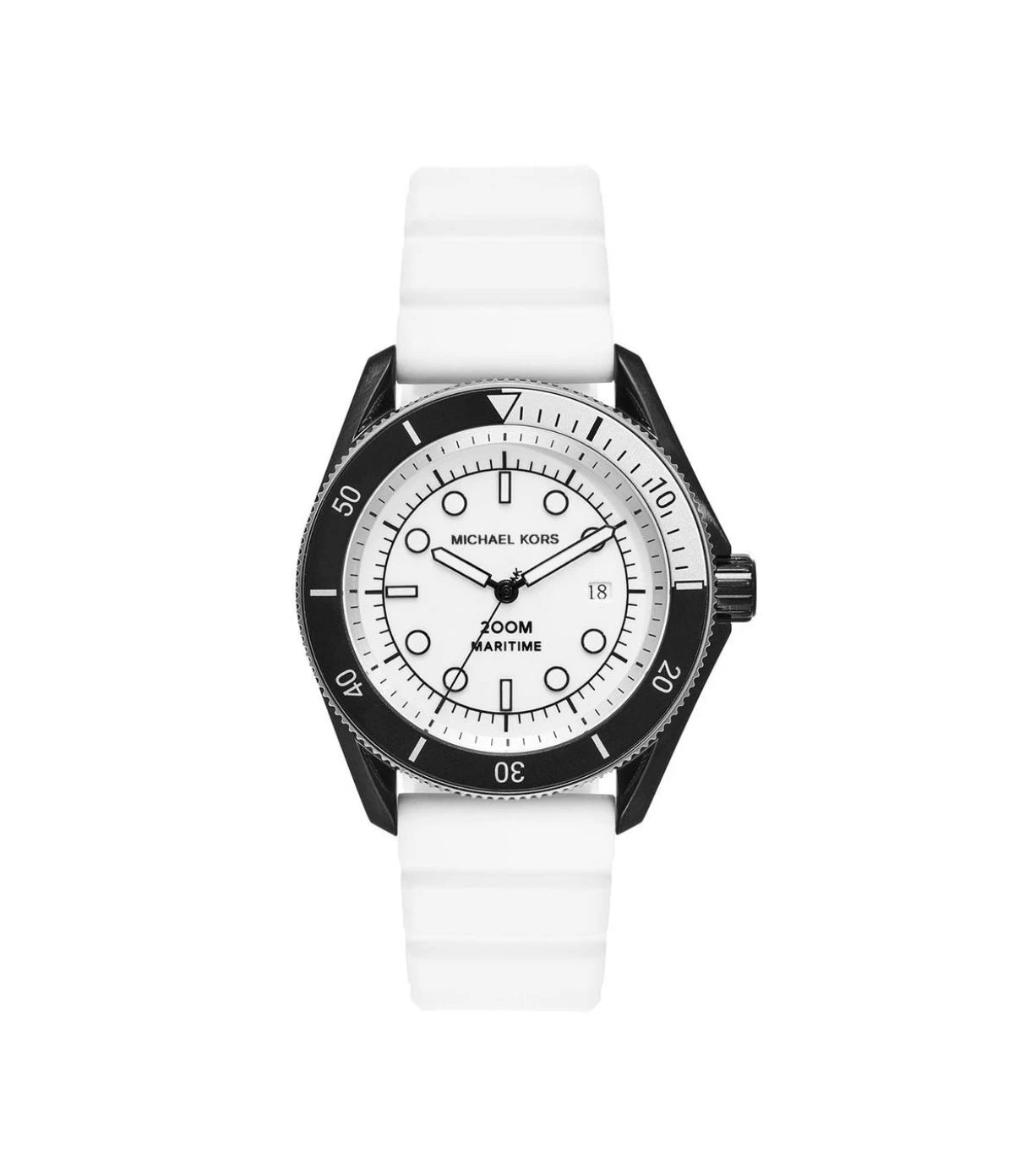MK9159 Michael Kors Oversized Maritime Silicone Watch front dial view with crisp white dial and Super Lume hands at Time Vault