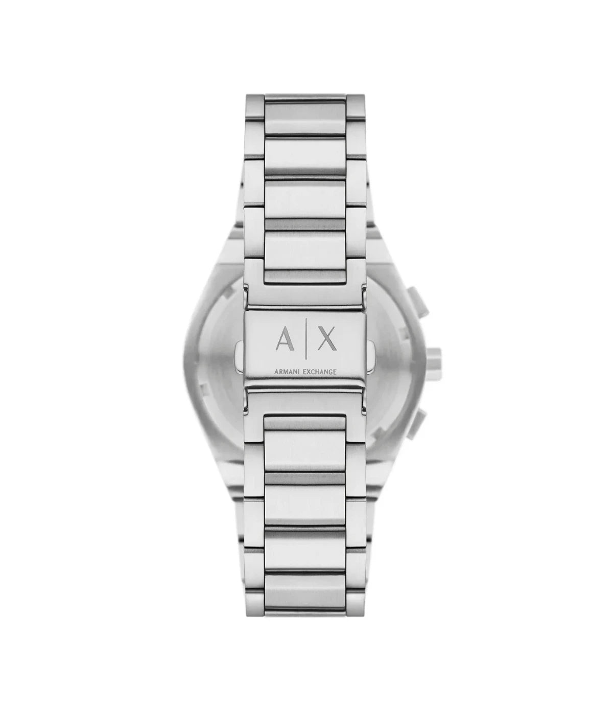 Back view of Armani Exchange AX4182 watch showing engraved stainless steel case back and strap connection details, available at Timevault
