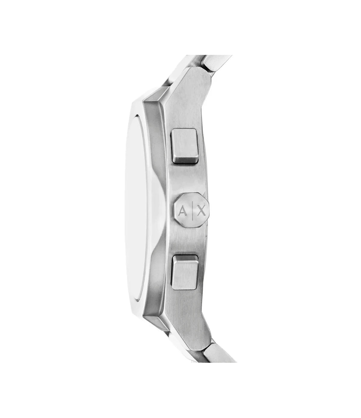 Side profile of Armani Exchange AX4182 watch showing slim stainless steel case and push buttons with polished finish, available at Timevault
