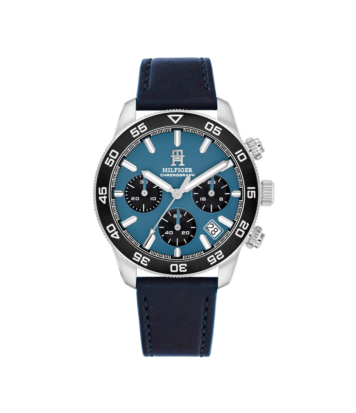 1792187 Tommy Hilfiger TH85 Men's Chronograph Watch side profile showcasing the textured crown, chronograph pushers, and black bezel on a silver 41mm case at TimeVault
